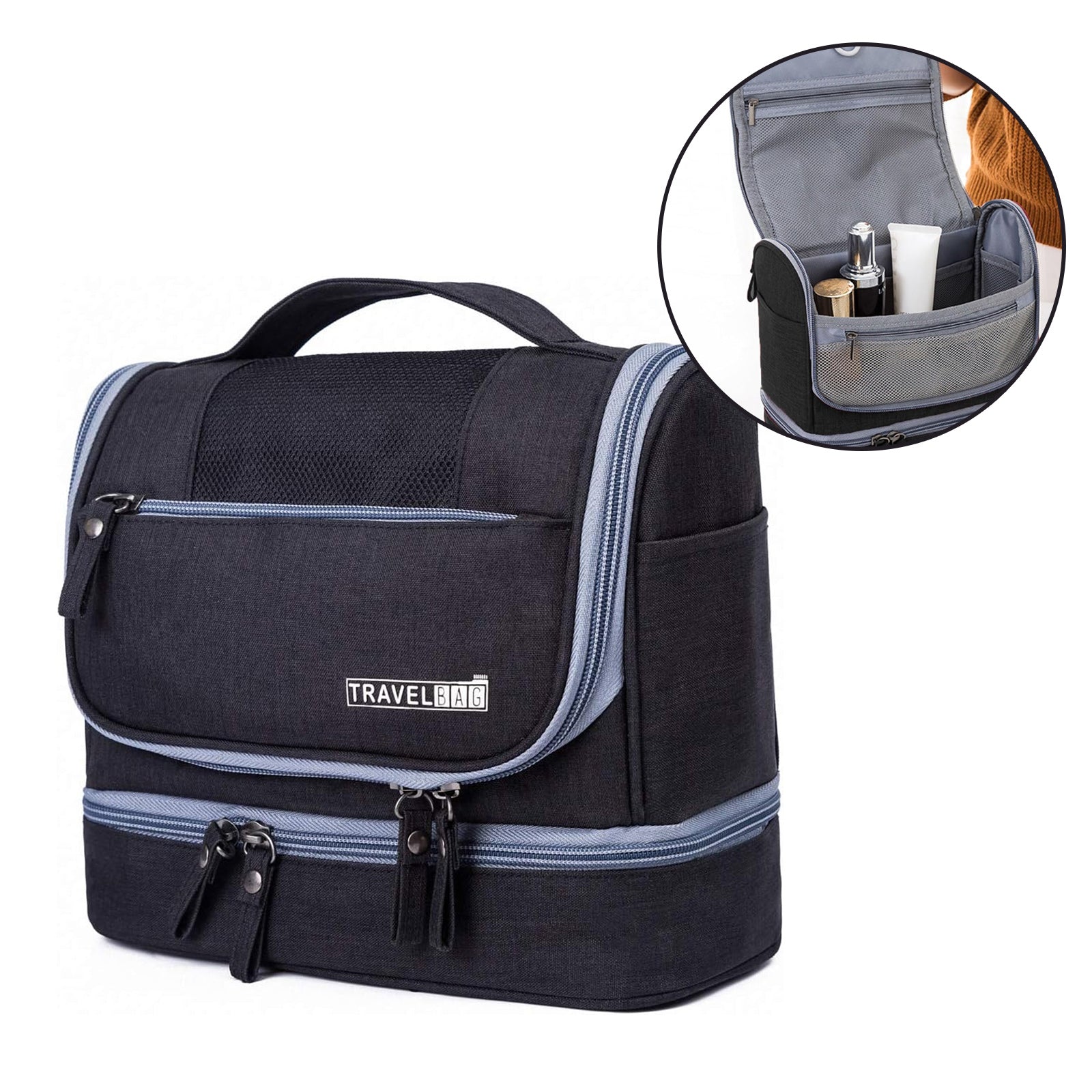 Trousse de toilette 600D toile oxford 13x21x25cm noir suspendu trousse de maquillage étanche sac de voyage organisateur pratique