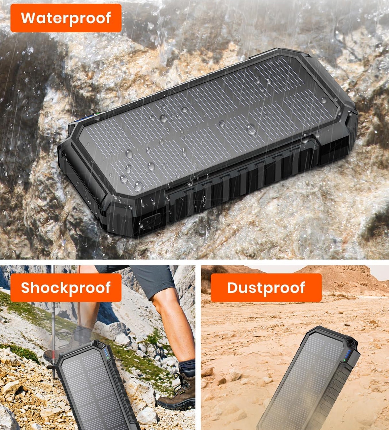 Batterie externe 26800 mAh charge rapide chargeur portable solaire avec lampe de poche LED pour smartphones tablette et camping