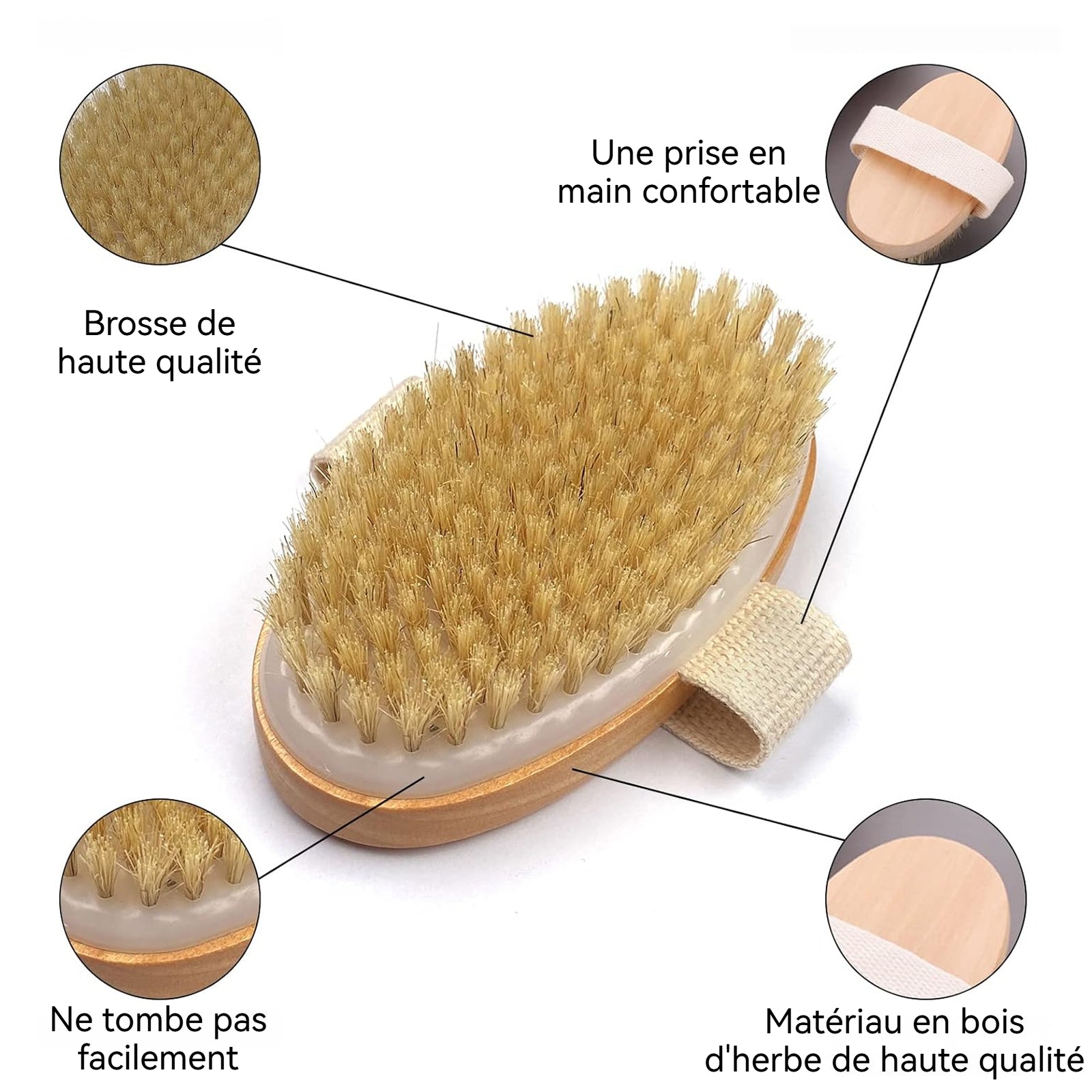 Brosse de Bain 145x85x5mm Brosse à poils avec manche en érable nettoyage en profondeur Portable Brosse de massage corporel Blanc