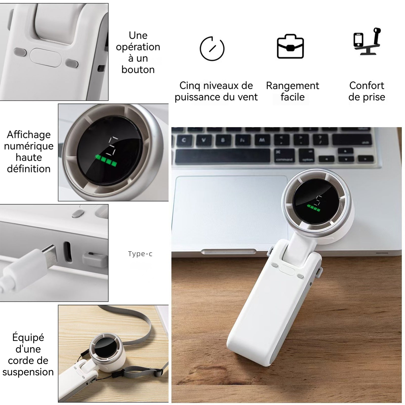 Ventilateur 3600mAh petit ventilateur portatif à grande vitesse 5 niveaux de vitesse du vent ventilateur portatif pliable le cou