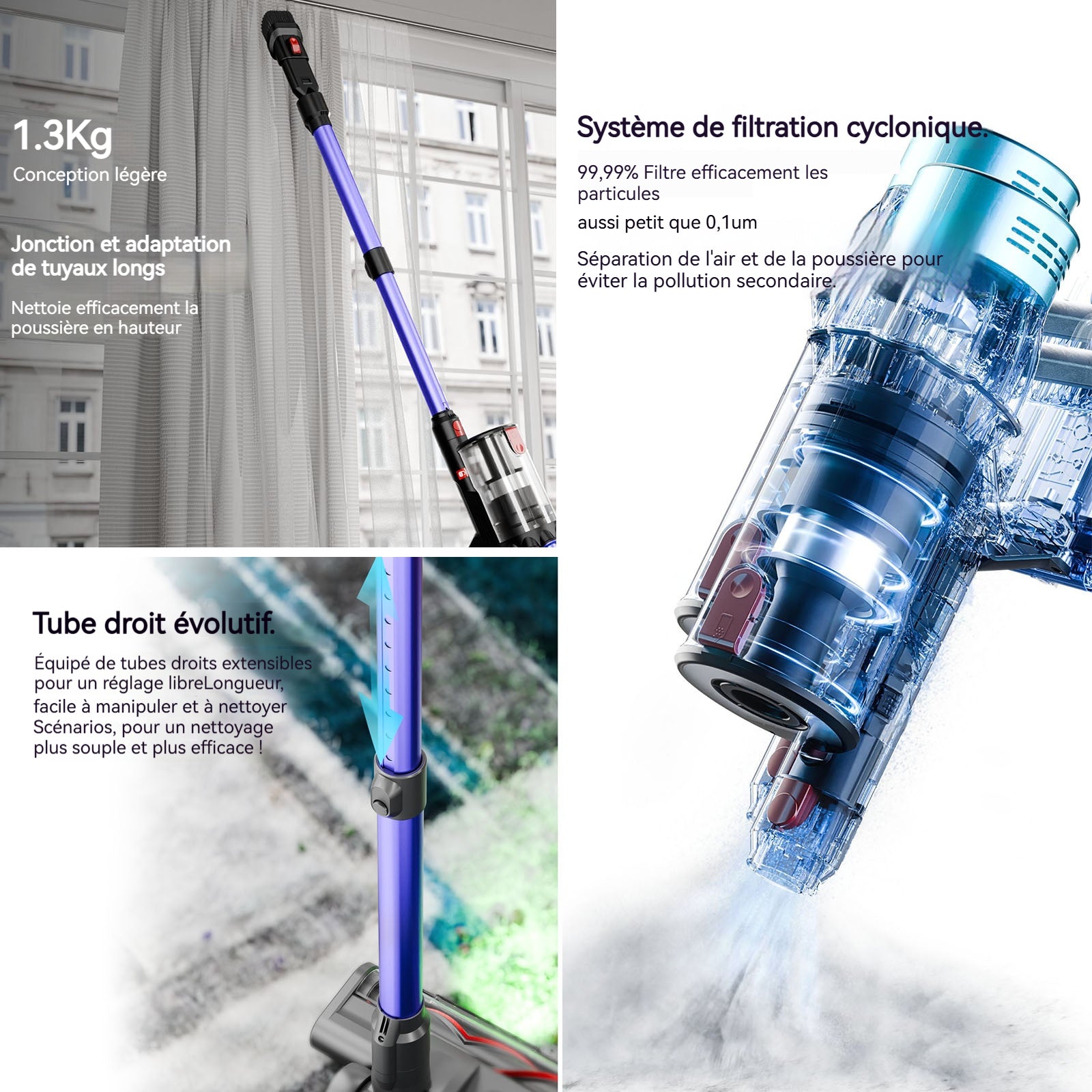 Aspirateur Balai sans Fil 550w 35kpa1.2L 3 vitesses Haute puissance Pour les sols durs et moquette Aspirateur à main pour maison