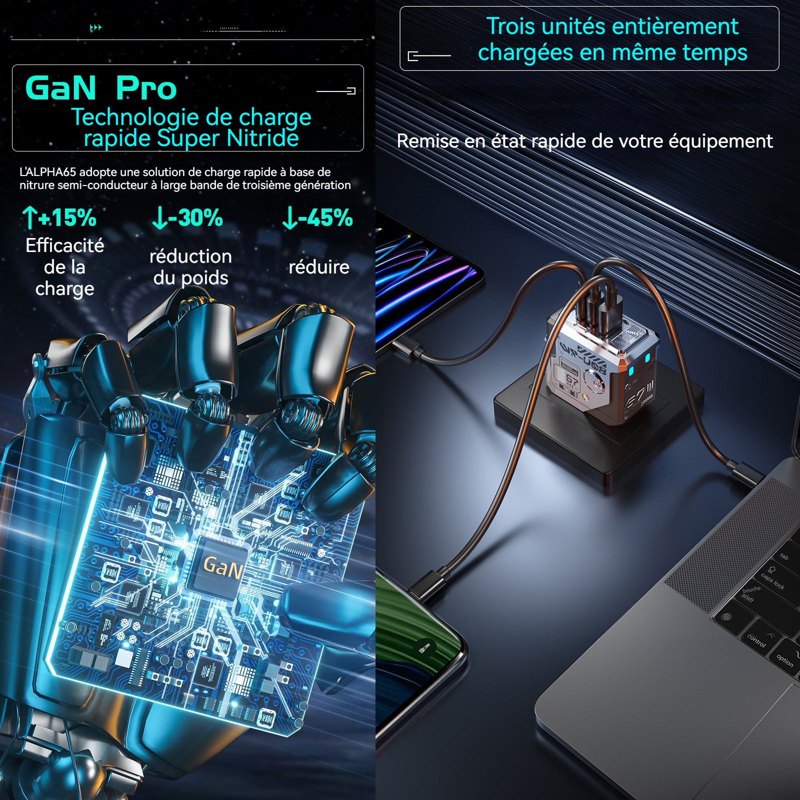Mécha chargeur nitrure de gallium 67w rapide adaptateur de prise universel intelligent avec lumière LED interface USB et type-c