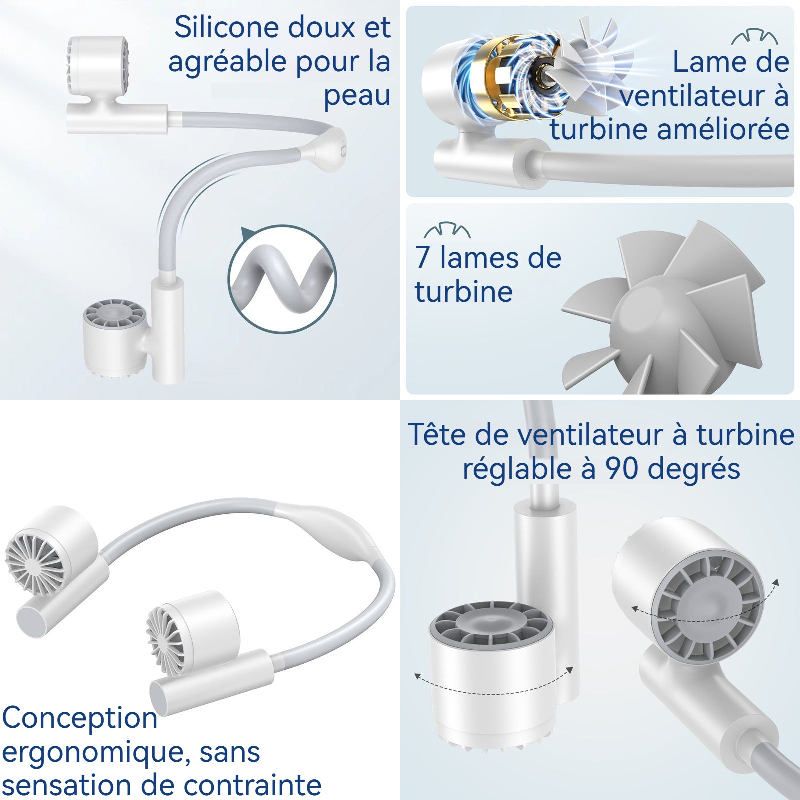 Ventilateur de cou 2400mAh 7 pales 3 vitesses de ventilation léger et portable faible bruit angle réglable ventilation naturelle