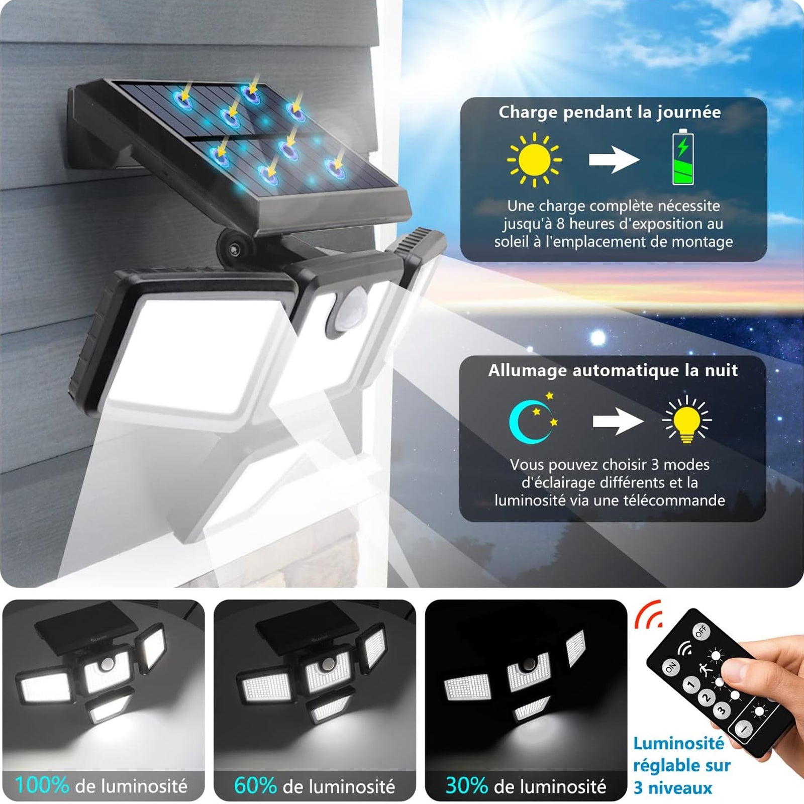 2 pcs Lampes solaires extérieures 333LED Lampes solaires extérieures Trois têtes Lumière solaire étanche IP65 Projecteur solaire