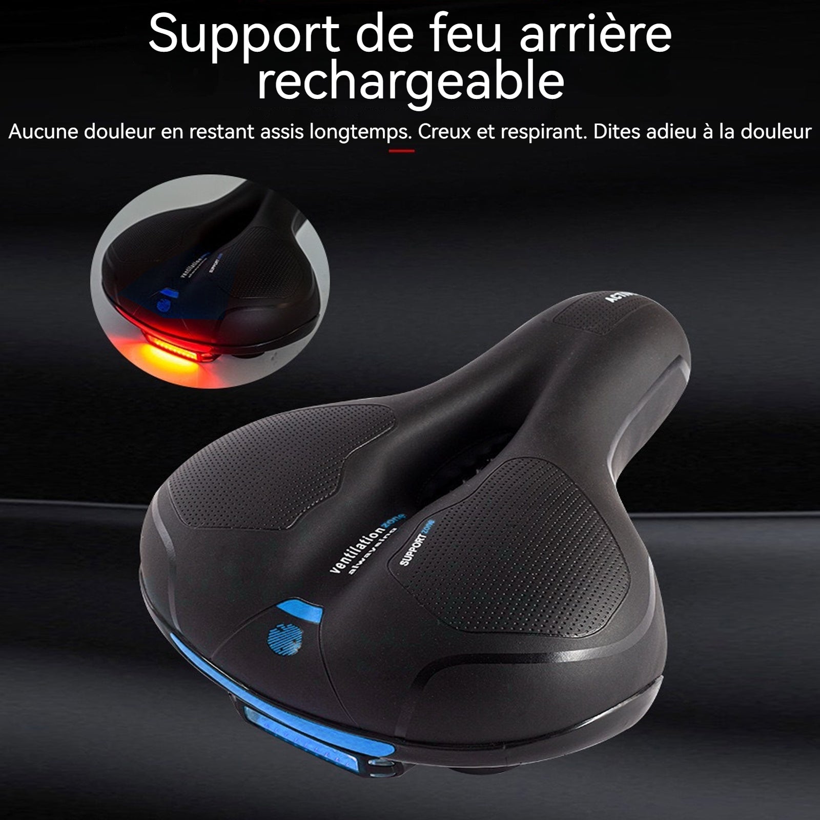 Selle de vélo 740g Hollow Breathable Waterproof  Shock Absorbing Rounded Rear Seat Charging Tail Lights selle vélo confort