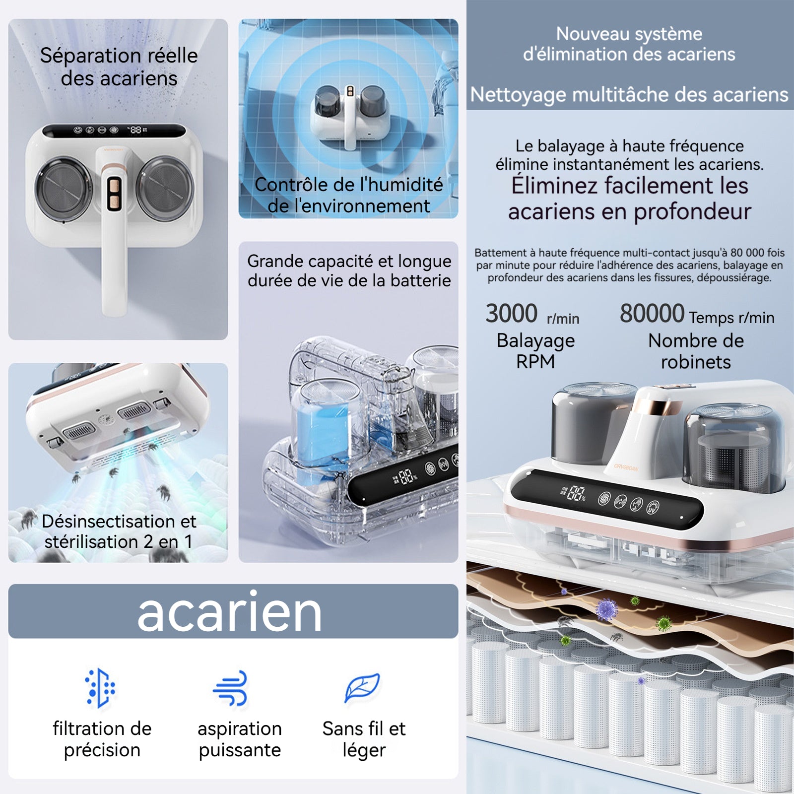 Aspirateur anti acariens 1800mah 10000pa afficher l'humidité LED écran 2 niveaux aspirateur à main avec 210ml boîte à poussière