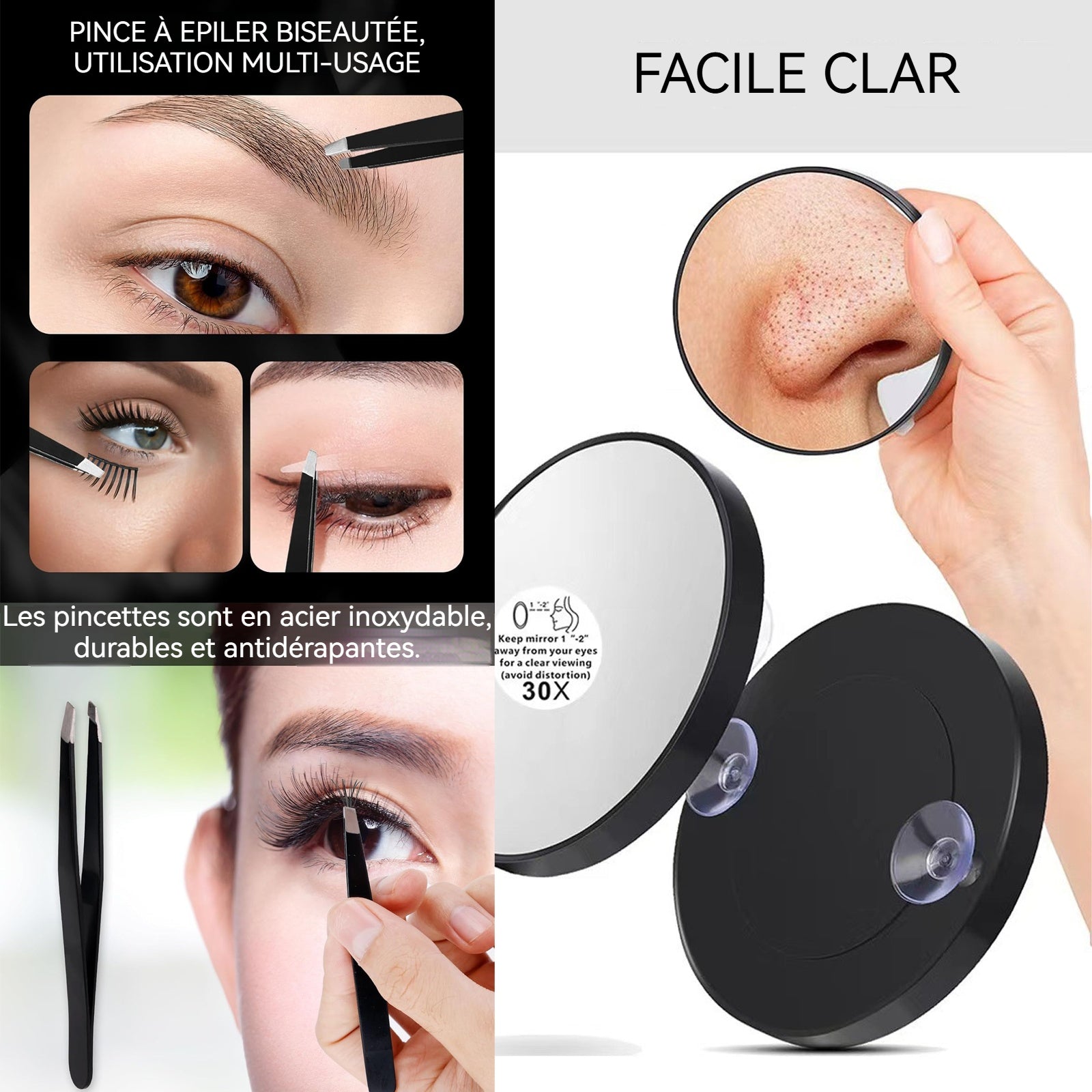 Miroir 10X 20X 30X 3PCS miroir de maquillage grossissant petit miroir avec ventouse et pince pointue pour le maquillage de voyage