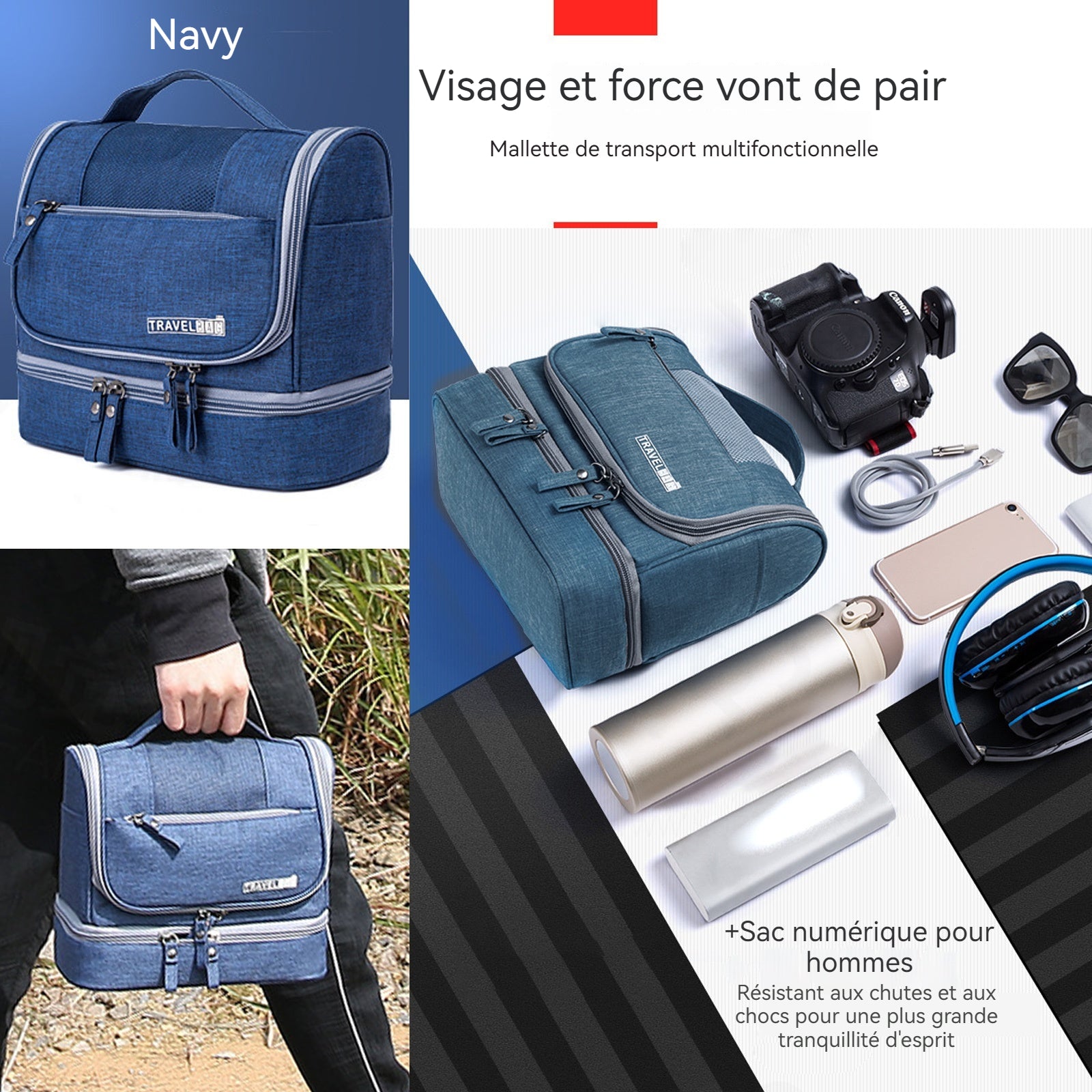 Trousse de toilette 600D toile oxford 13x21x25cm suspendu cyan trousse de maquillage étanche sac de voyage organisateur pratique