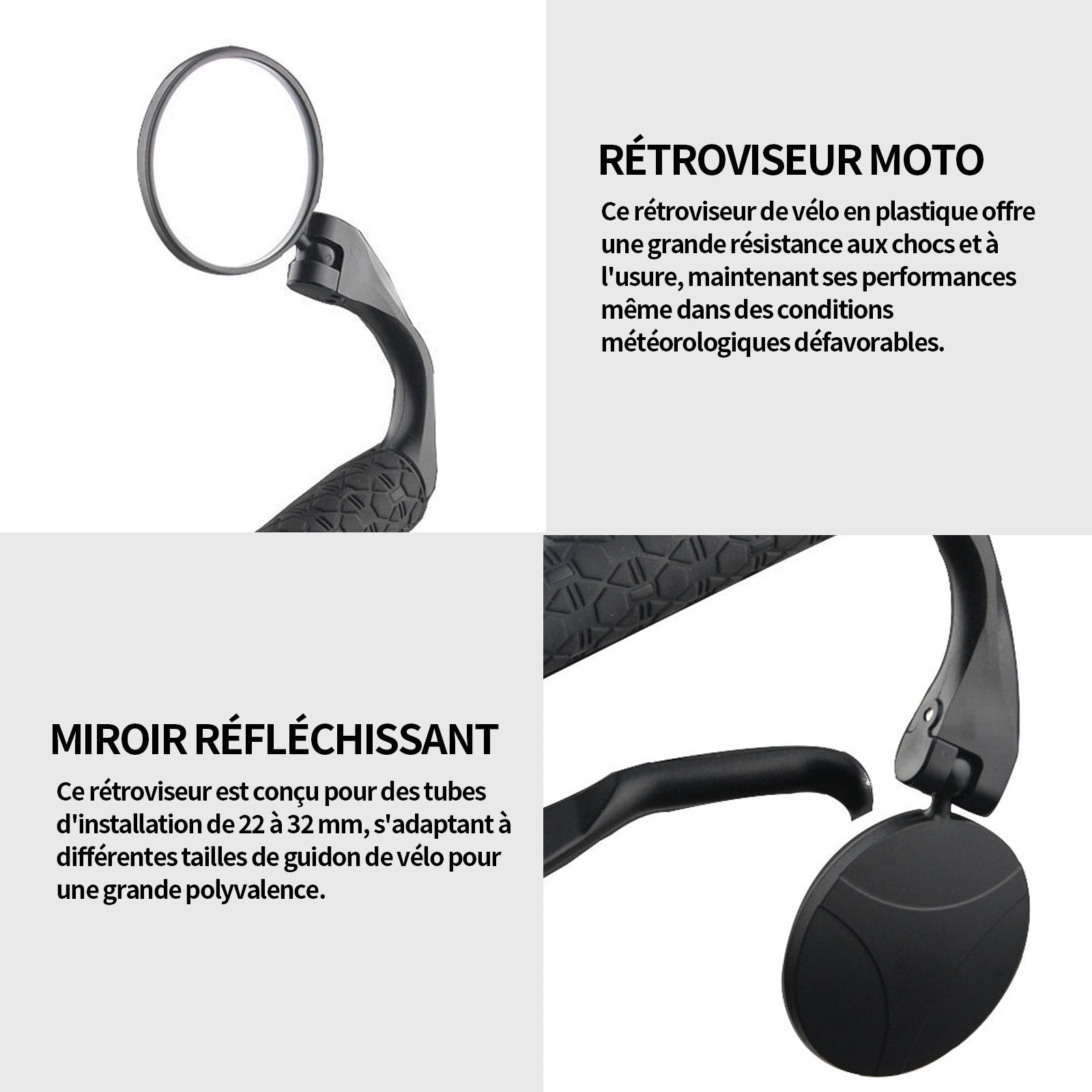 Rétroviseur vélo Lot de 2 rétroviseurs adapté pour rétroviseur de vélo 18-22 mm réflecteur universel équipement de cyclisme noir