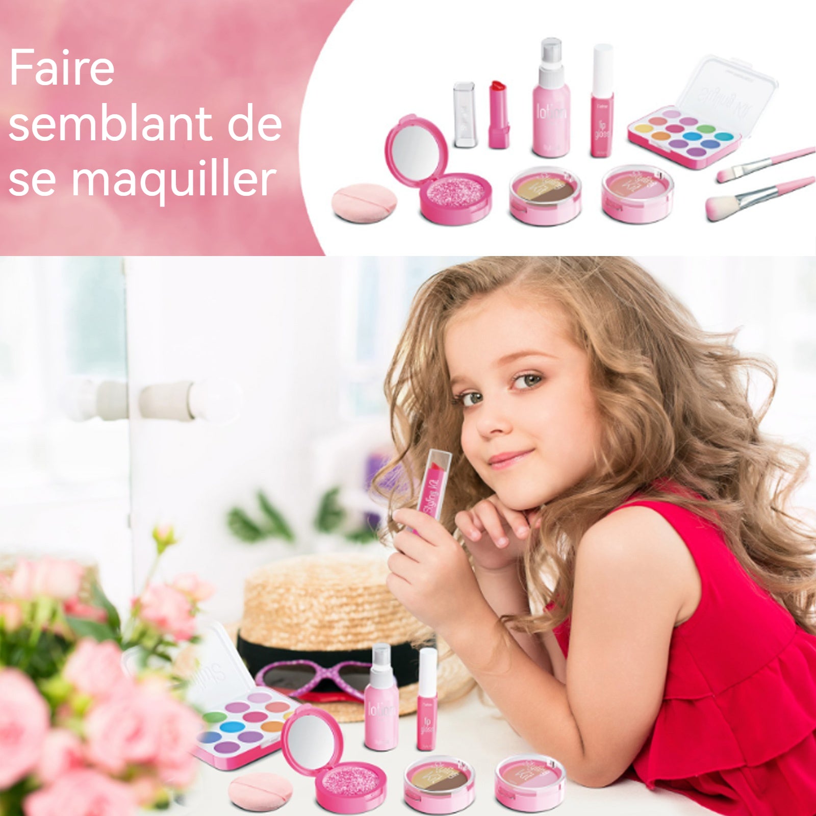 Maquillage enfant fille 10pcs jeu de faux maquillage pour filles rose coffret maquillage cadeaux pour enfants accessoires riches