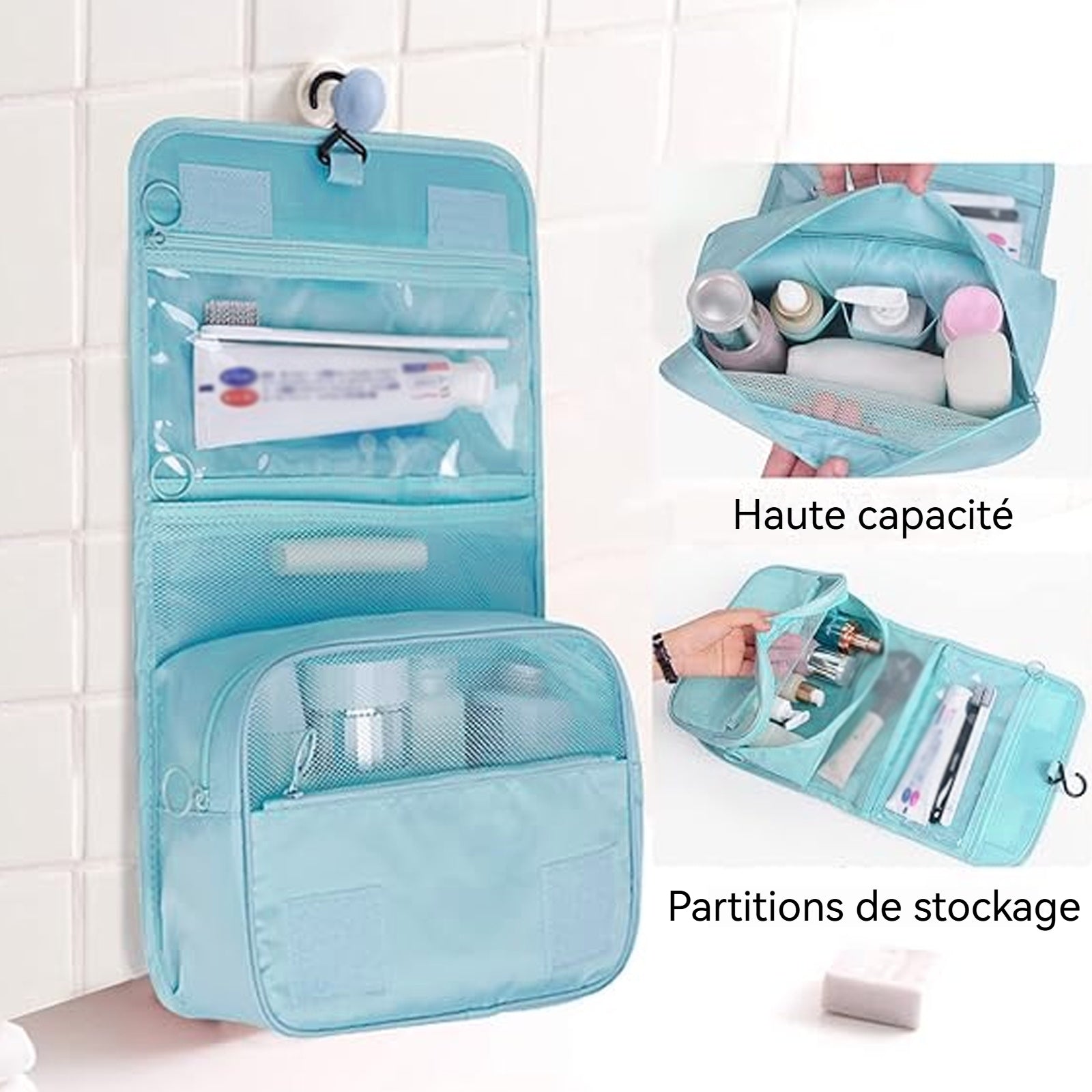 Trousse de toilette 24x9,5x18,5cm grande capacité pour séparer les articles secs et humides crochet de suspension pliable bleu