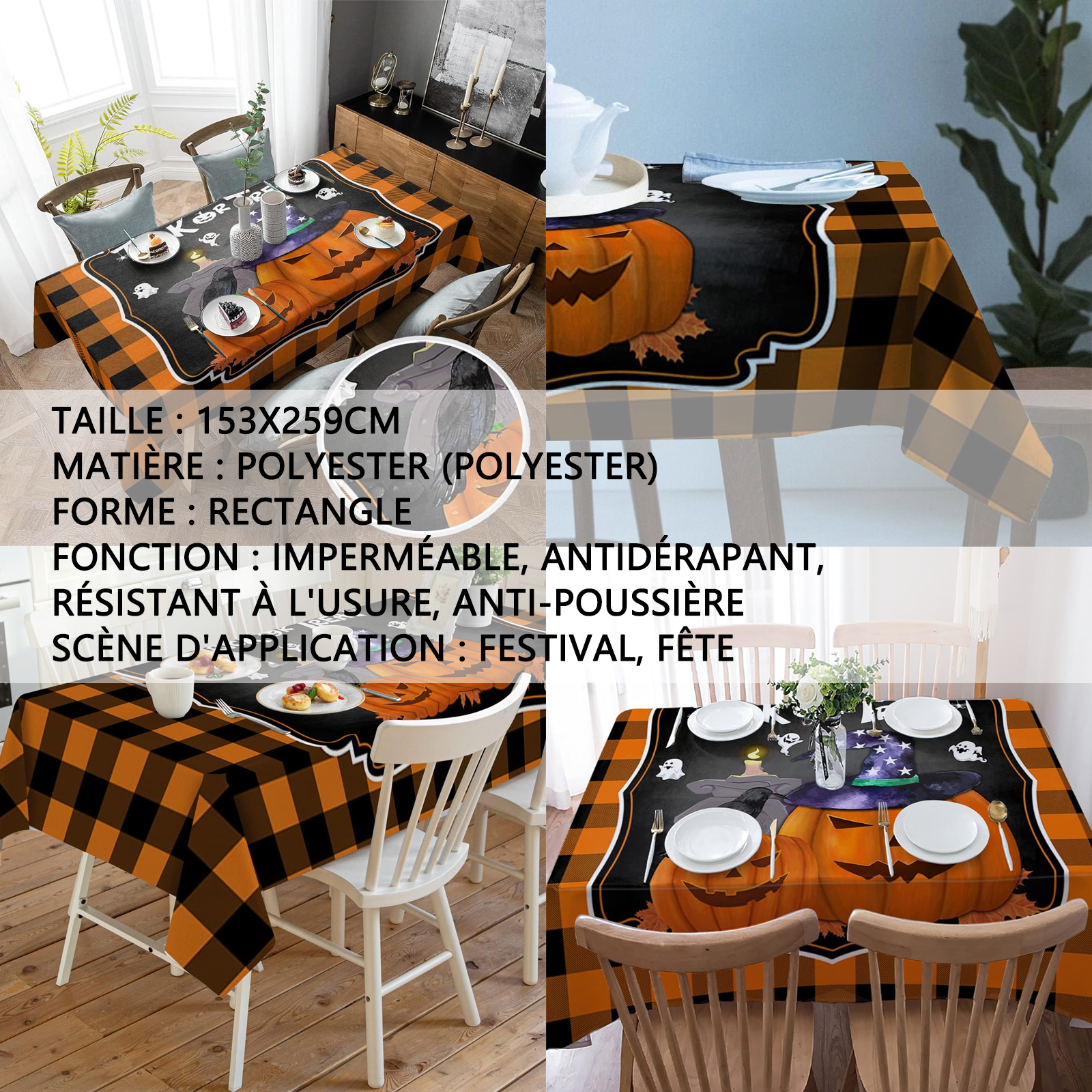 Nappe d'halloween 153x259cm halloween carré nappe citrouille et toile d'araignée decoration halloween effrayante tissu interieur