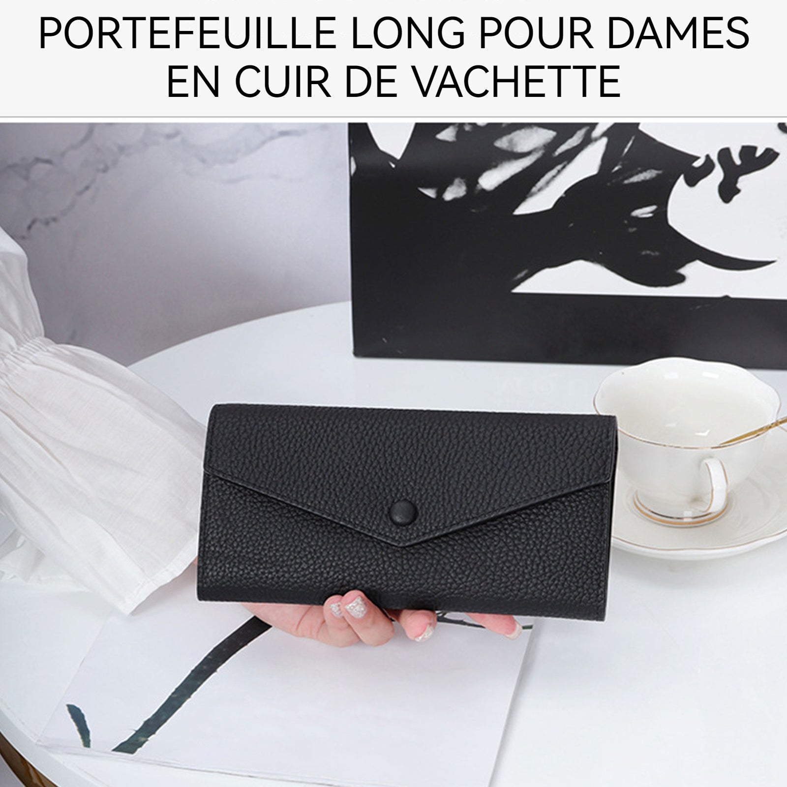 Portefeuille cuir véritable forme d'enveloppe portefeuille long entièrement en cuir de vachette portefeuille femme grande capacité