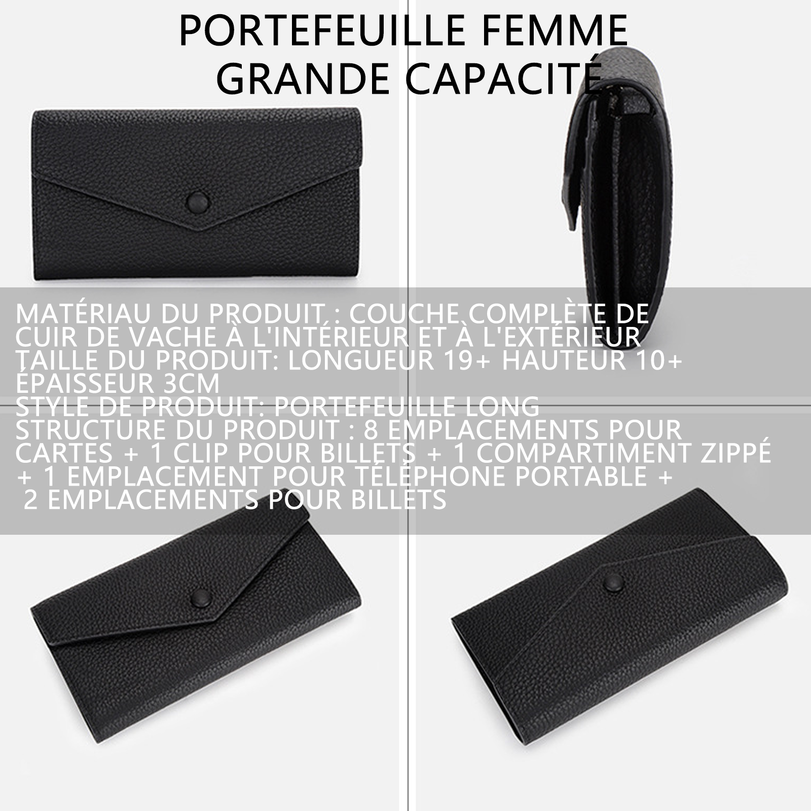 Portefeuille cuir véritable forme d'enveloppe portefeuille long entièrement en cuir de vachette portefeuille femme grande capacité