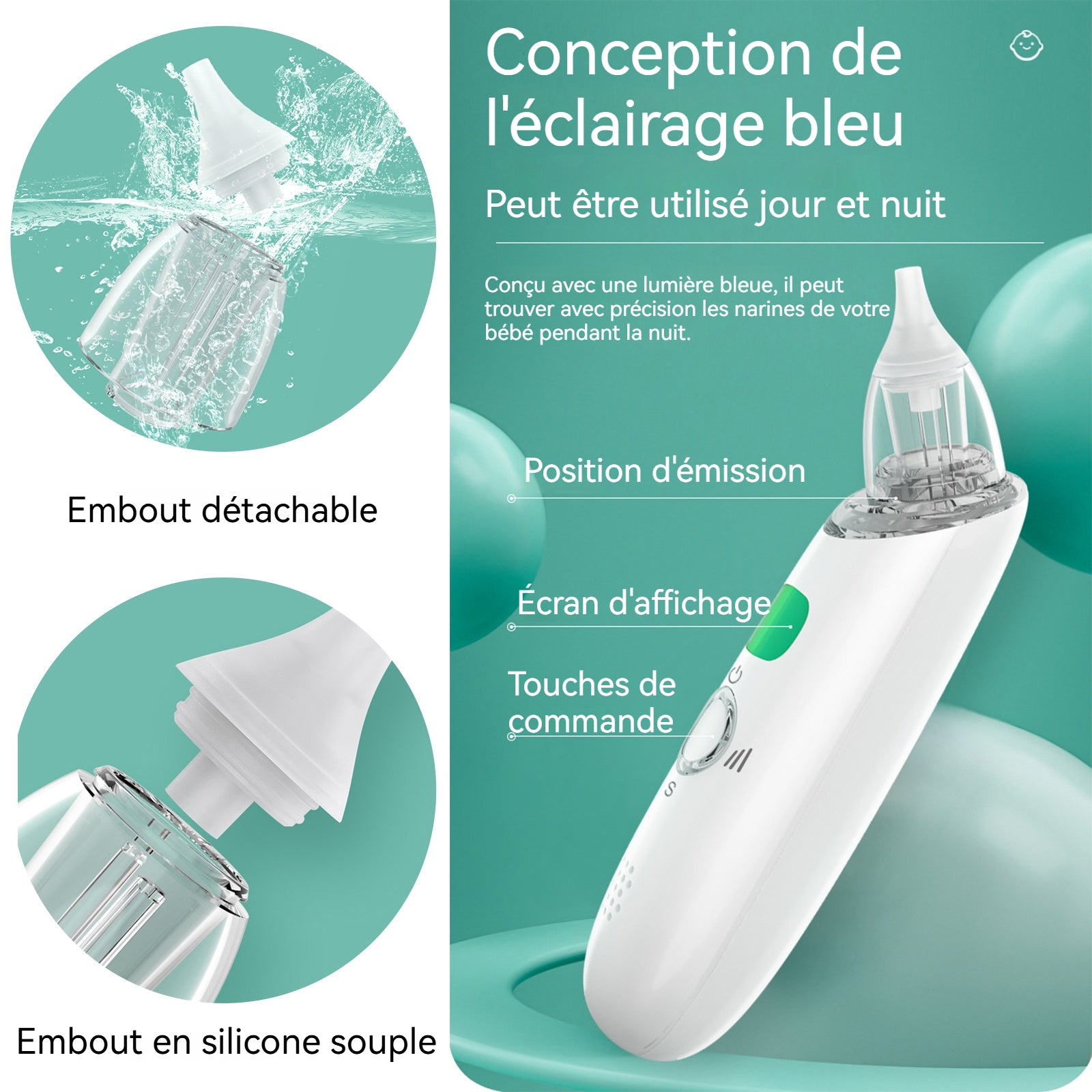 Aspirateur nasal 60kp Conception de la pompe à eau Régulation de la musique 3 vitesses Conception de l'éclairage Nettoyeur nasal