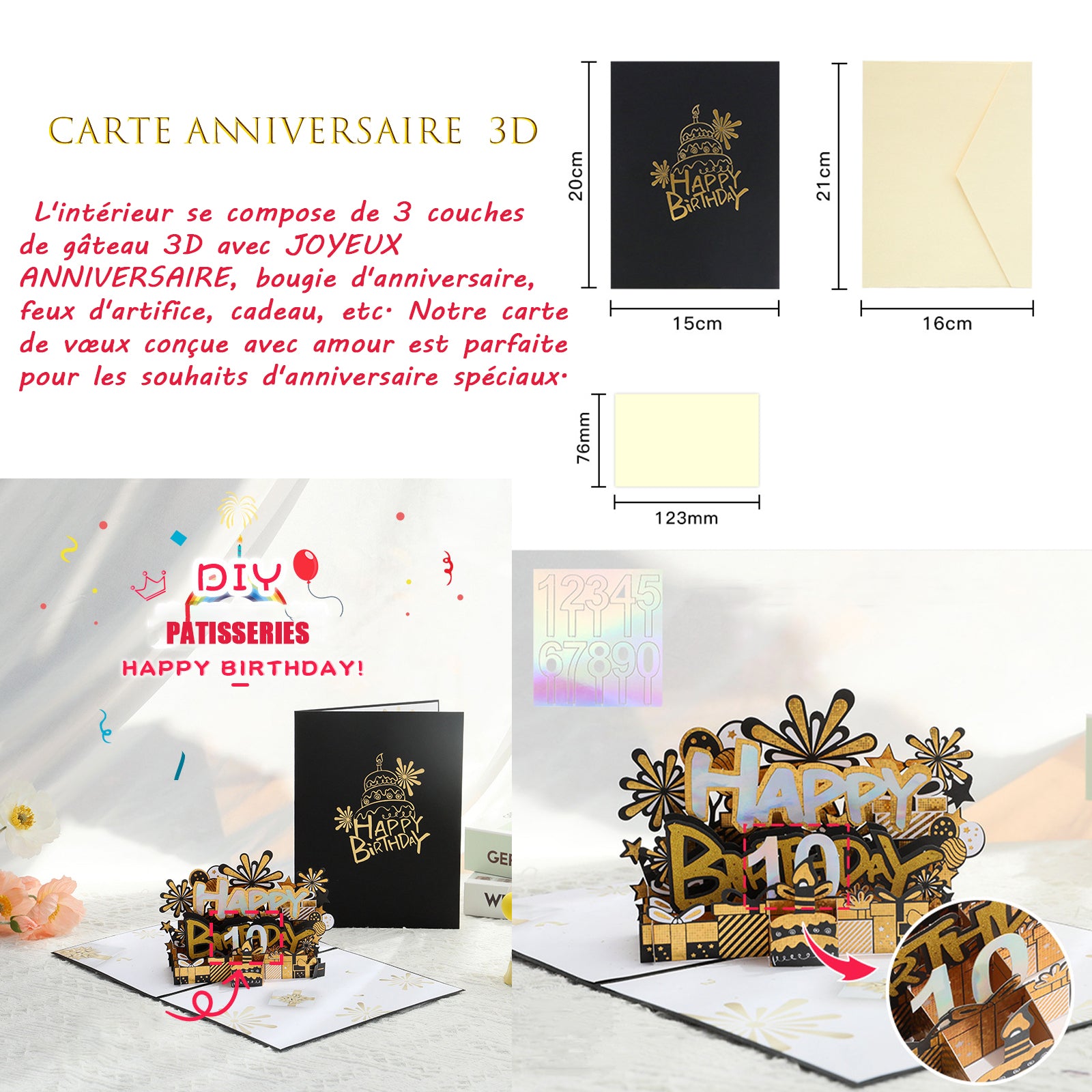 arte de voeux 20x15cm gâteau noir doré cadeau d'anniversaire carte de vœux tridimensionnelle message de bénédiction carte postale