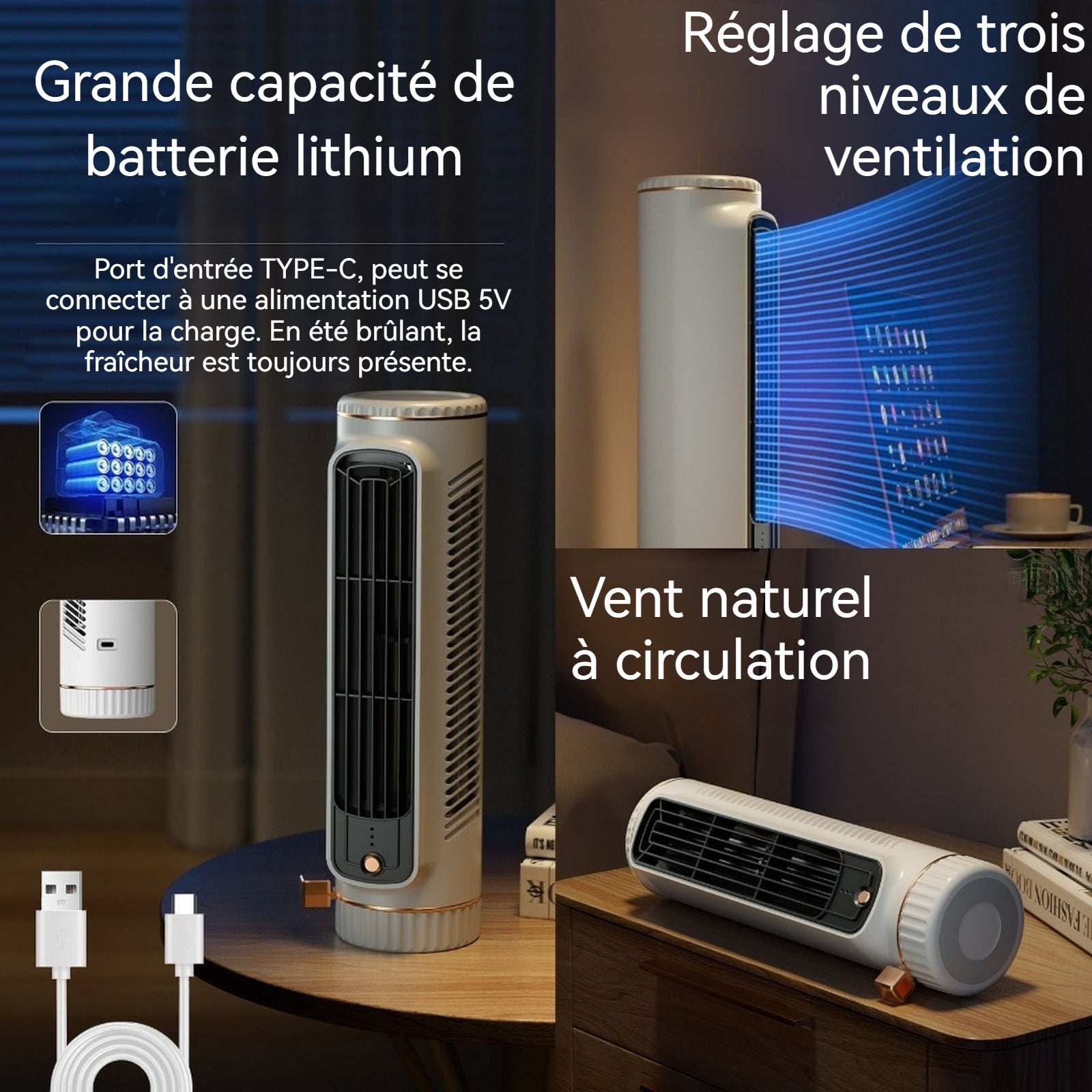 Ventilateur 3 vitesses de ventilation 60x80x270mm prise Type-C réduction du bruit ventilateur de circulation multifonction blanc