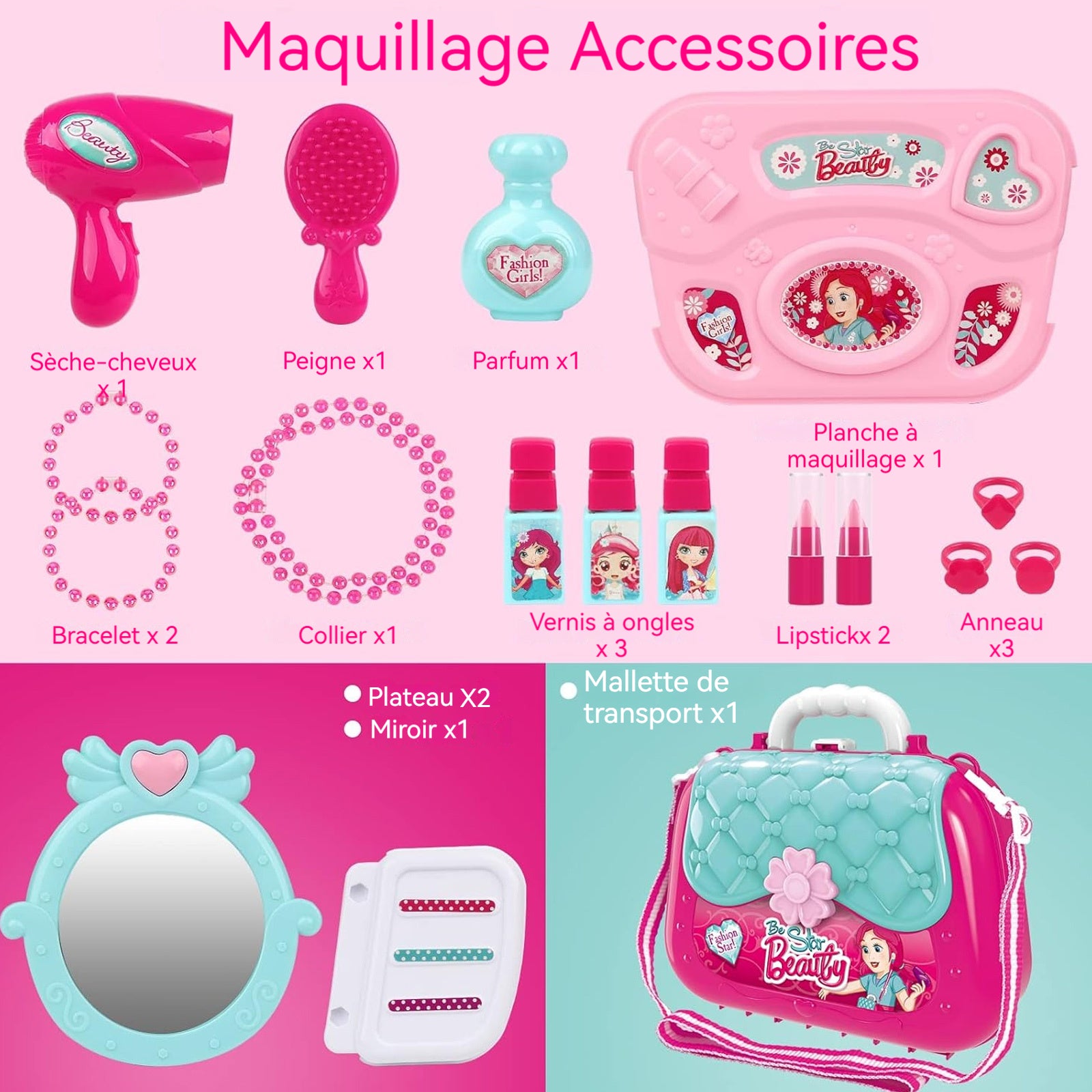 Maquillage enfant fille 19pcs coffret maquillage enfant avec large gamme d'accessoires cosmétiques pour enfants jeux enfant 3 ans