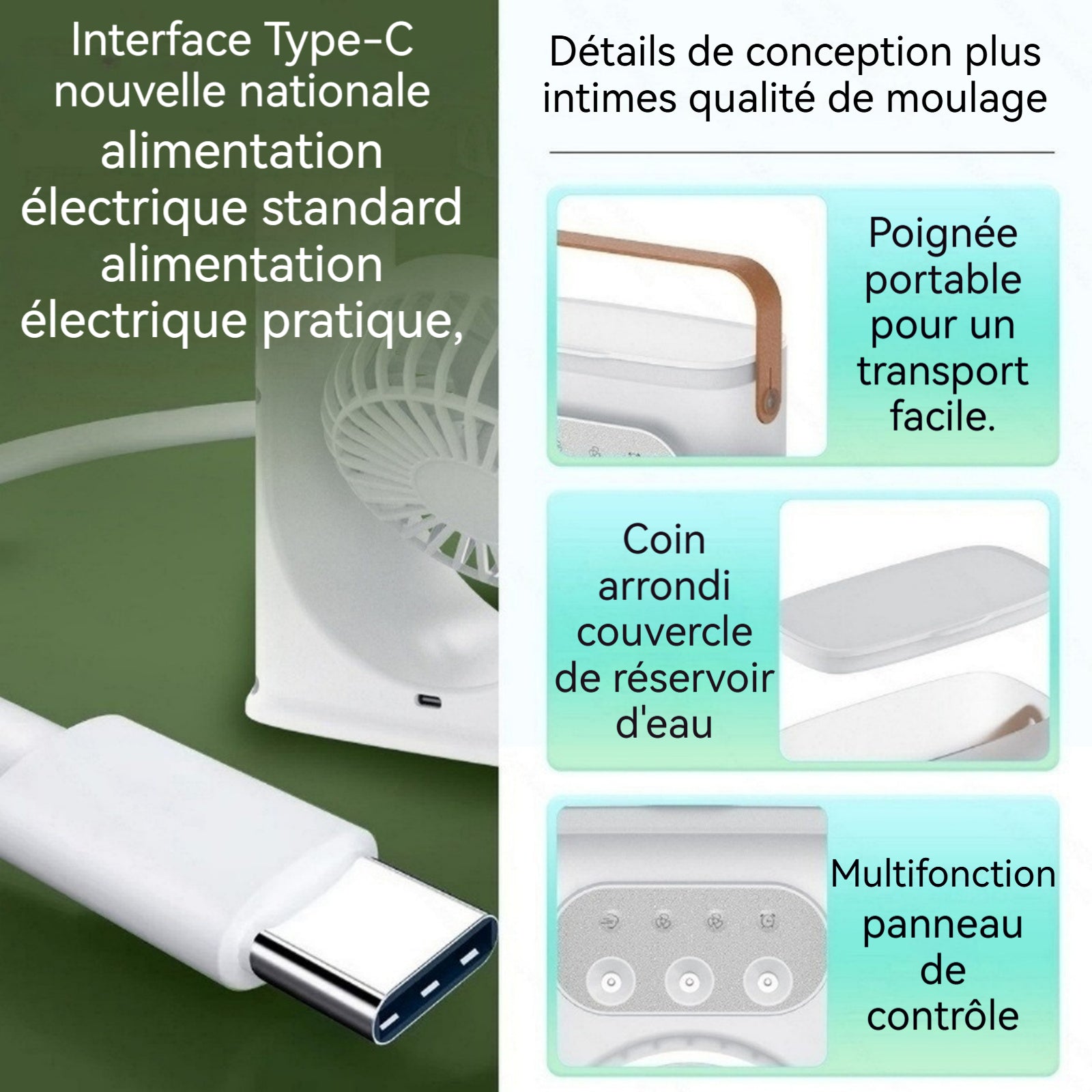 Ventilateur 35cm 400ml Humidification et refroidissement Trois vitesses de ventilation Alimentation d'air grand angle à 180 degrés
