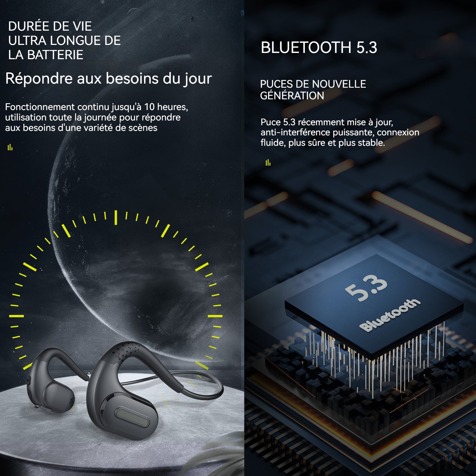 Casque Bluetooth à conduction osseuse télécommande audio canal stéréo microphone unique algorithme réduction du bruit d'appel