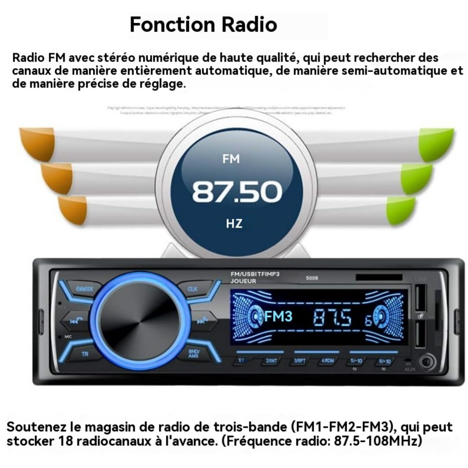 Autoradio Bluetooth 12V Sortie haute puissance à 4 canaux 18 stations de radio peuvent être préréglées Chargement rapide USB noir