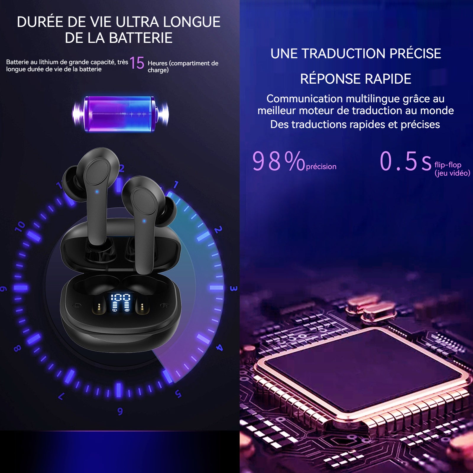Écouteurs de traduction 144 langues traduction dispositif de traduction 15 heures endurance casque traduction bidirectionnelle