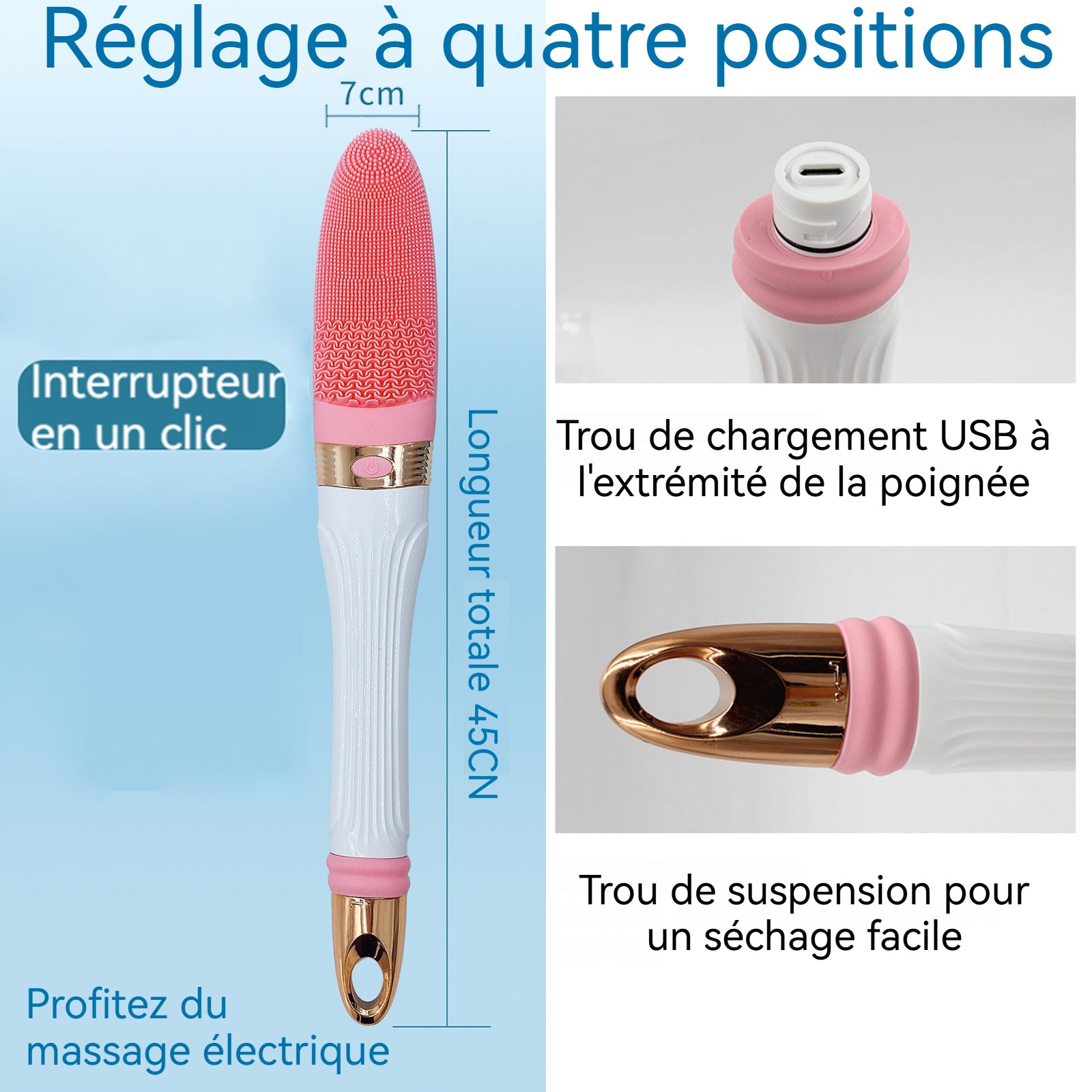 Brosse Dos Douche 500mAh Manche de 45 cm Prise en charge USB Nettoyage en profondeur Têtes de brosse en silicone Brosse de Bain