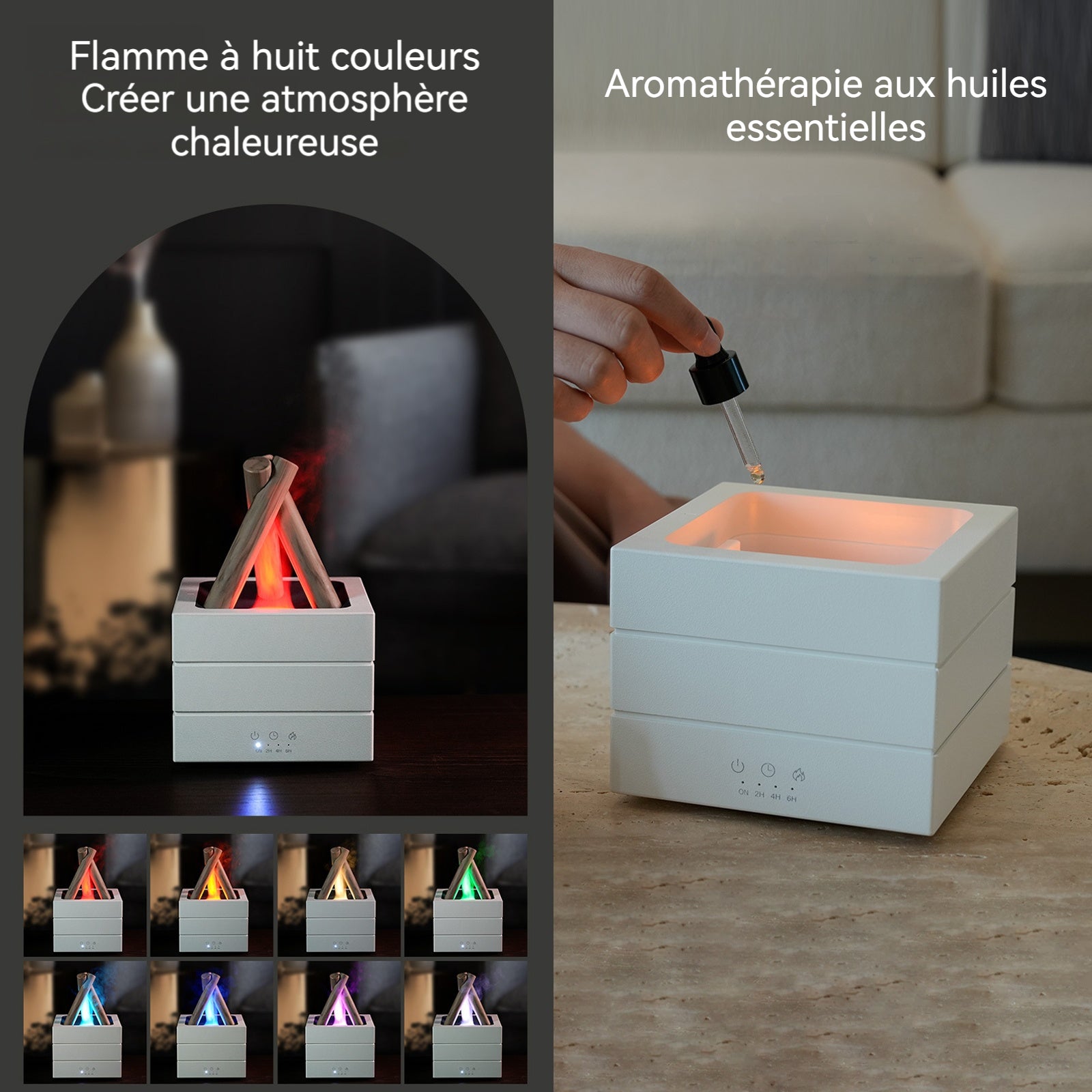 Humidificateur 280ml appareil d'aromathérapie simulant un feu de camp éclairage d'ambiance multicolore atomisation ultrasonique