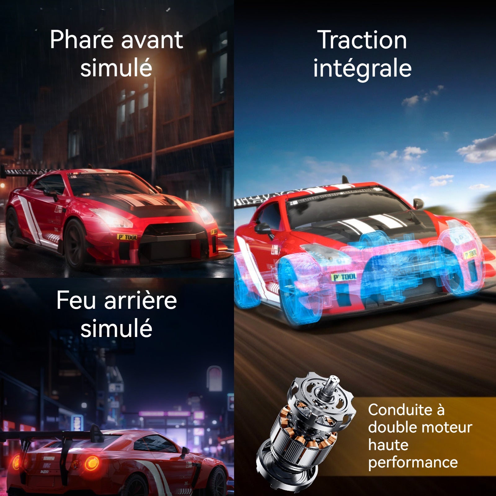 Voiture de course miniature 20x9x6cm 4x4 phares à LED échelle 1/20 pneus drift/course télécommande 2,4g voiture course rouge