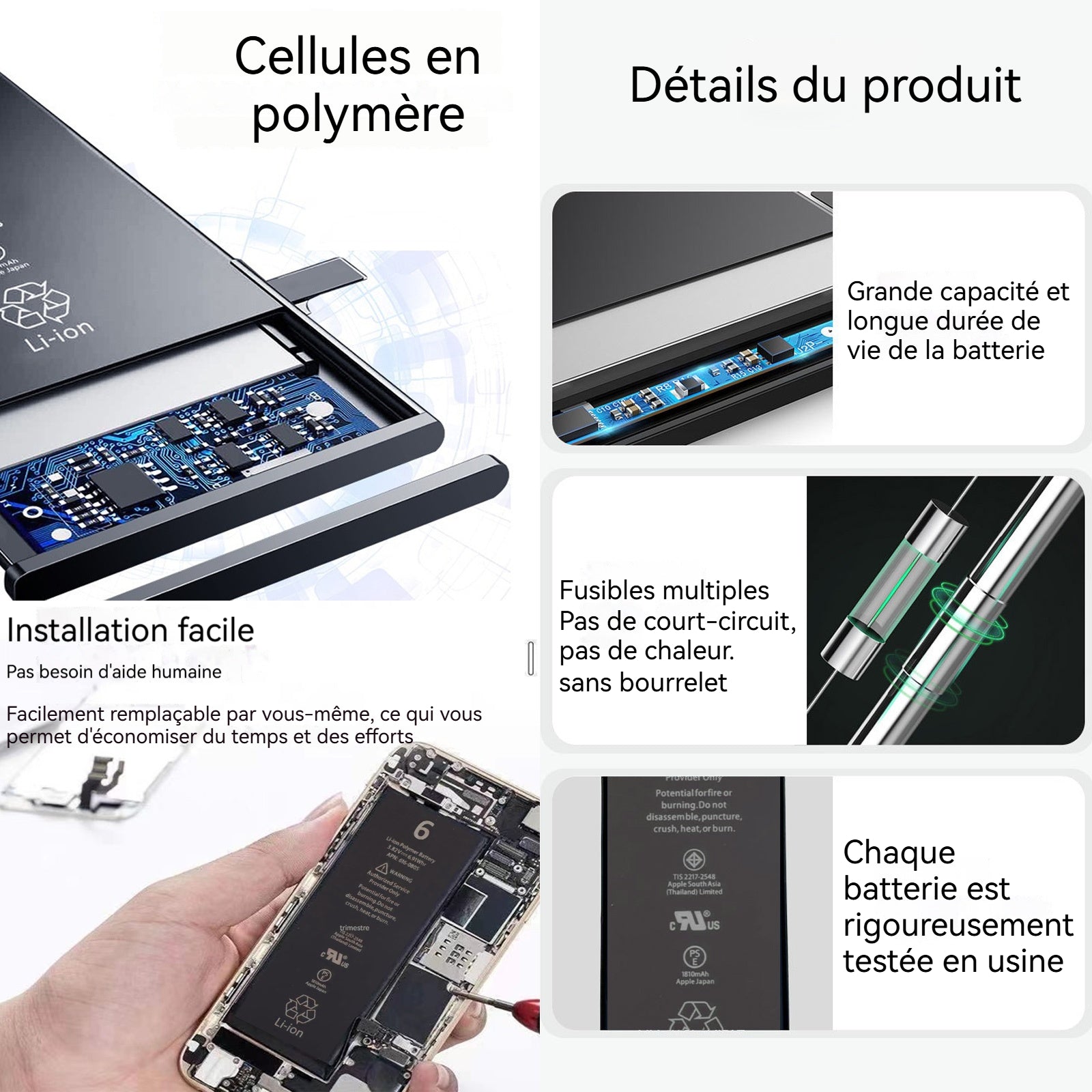 Batterie pour iPhone 6 Interne Li-ION Remplacement de la Batterie avec boîte à Outils Instructions de Remplacement la Batterie