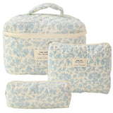 Lot de 3 Trousse de toilette de Voyage Pour Femmes Tissu coton doux Volume élevé Trousse de Maquillage Motifs fleuris bleu clair