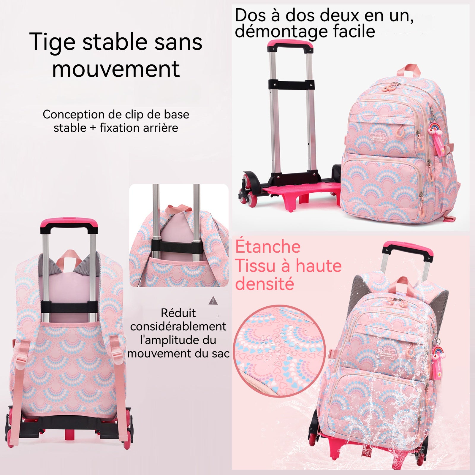 artable à roulettes amovible 45x15x32cm 6roulettes imperméable sac dos et trolley poulie silencieuse grand espace de rangement