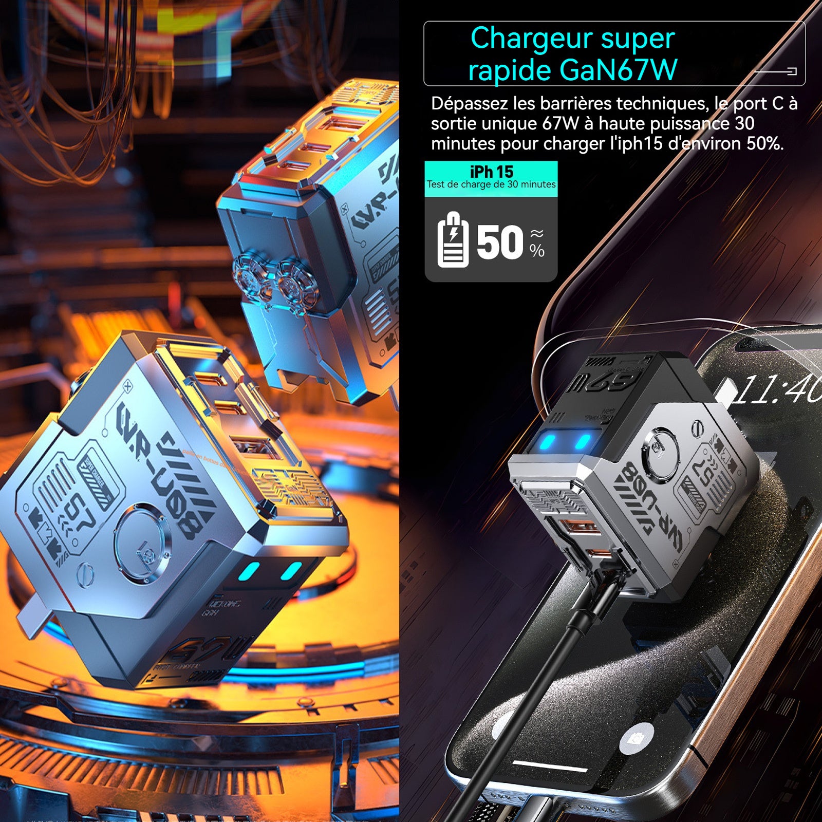 Mécha chargeur nitrure de gallium 67w rapide adaptateur de prise universel intelligent avec lumière LED interface USB et type-c