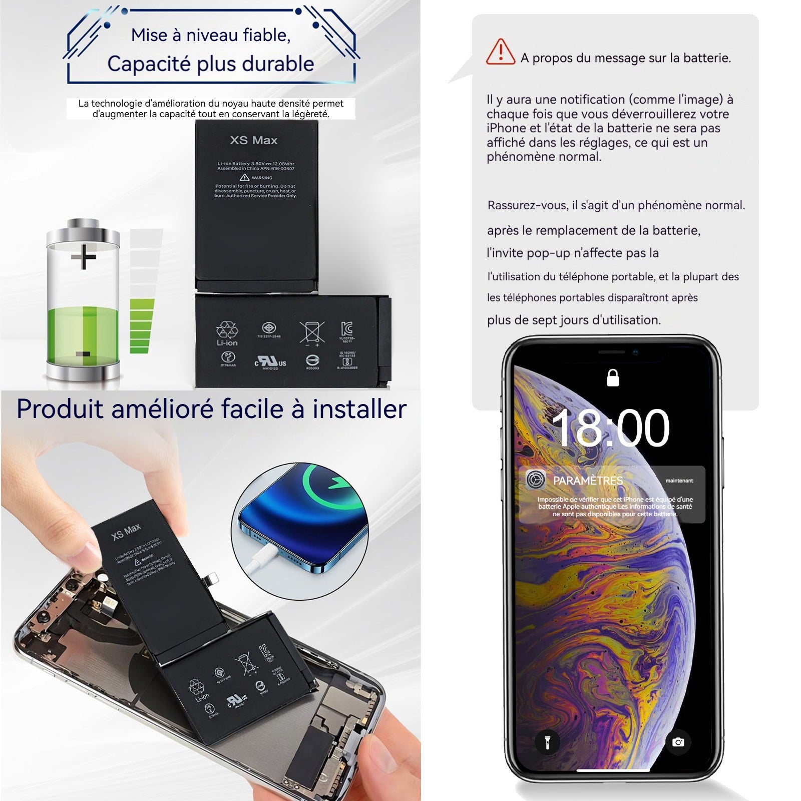 Batterie Premium de Remplacement pour iPhone XS Max 3174mAh Identique à l'Original Kit Outils Professionnels et adhésif écran Inclus