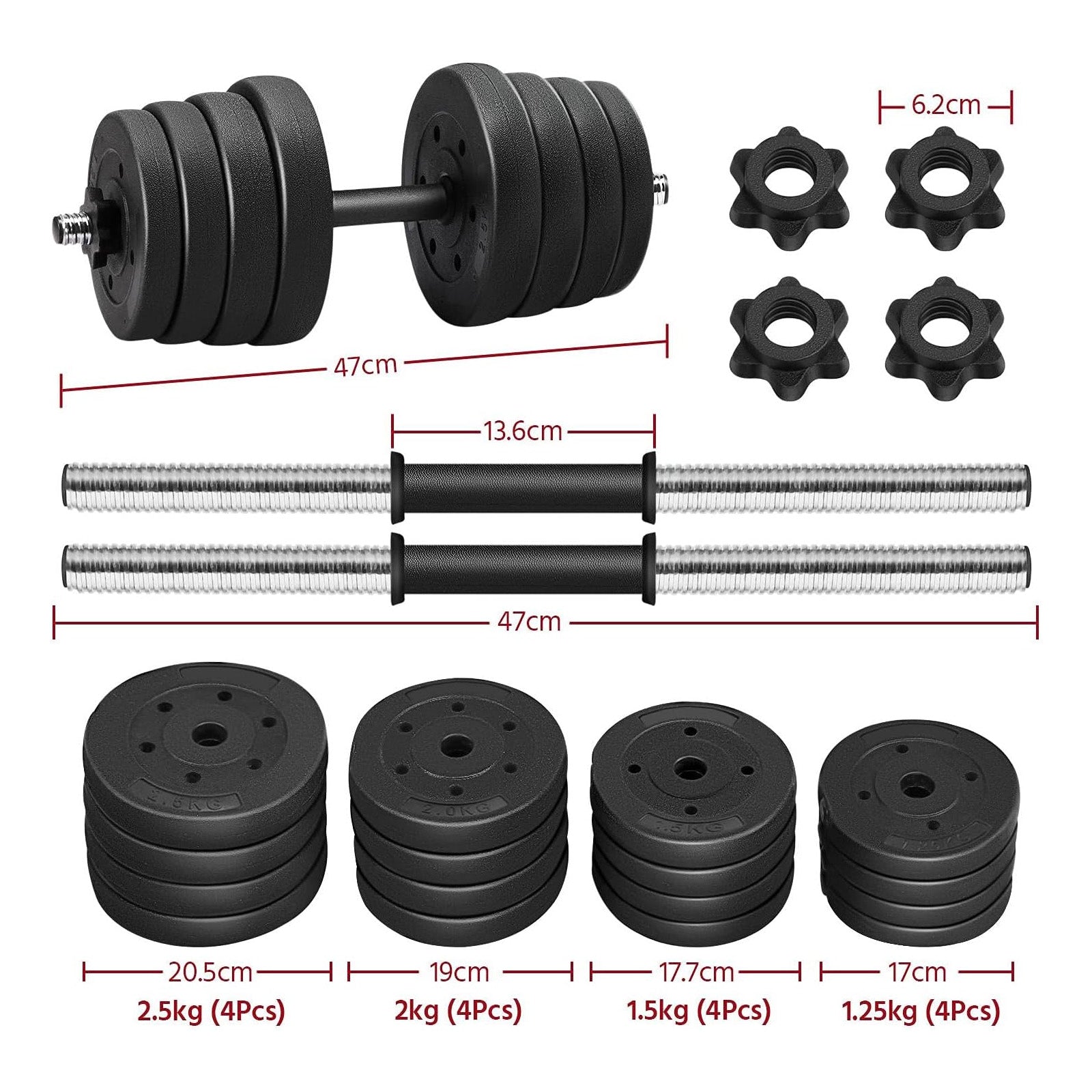 Haltères 2x15kg kit d'haltères réglables 16 plaques home training musclation paire d'haltères en métal noir poignée antidérapante