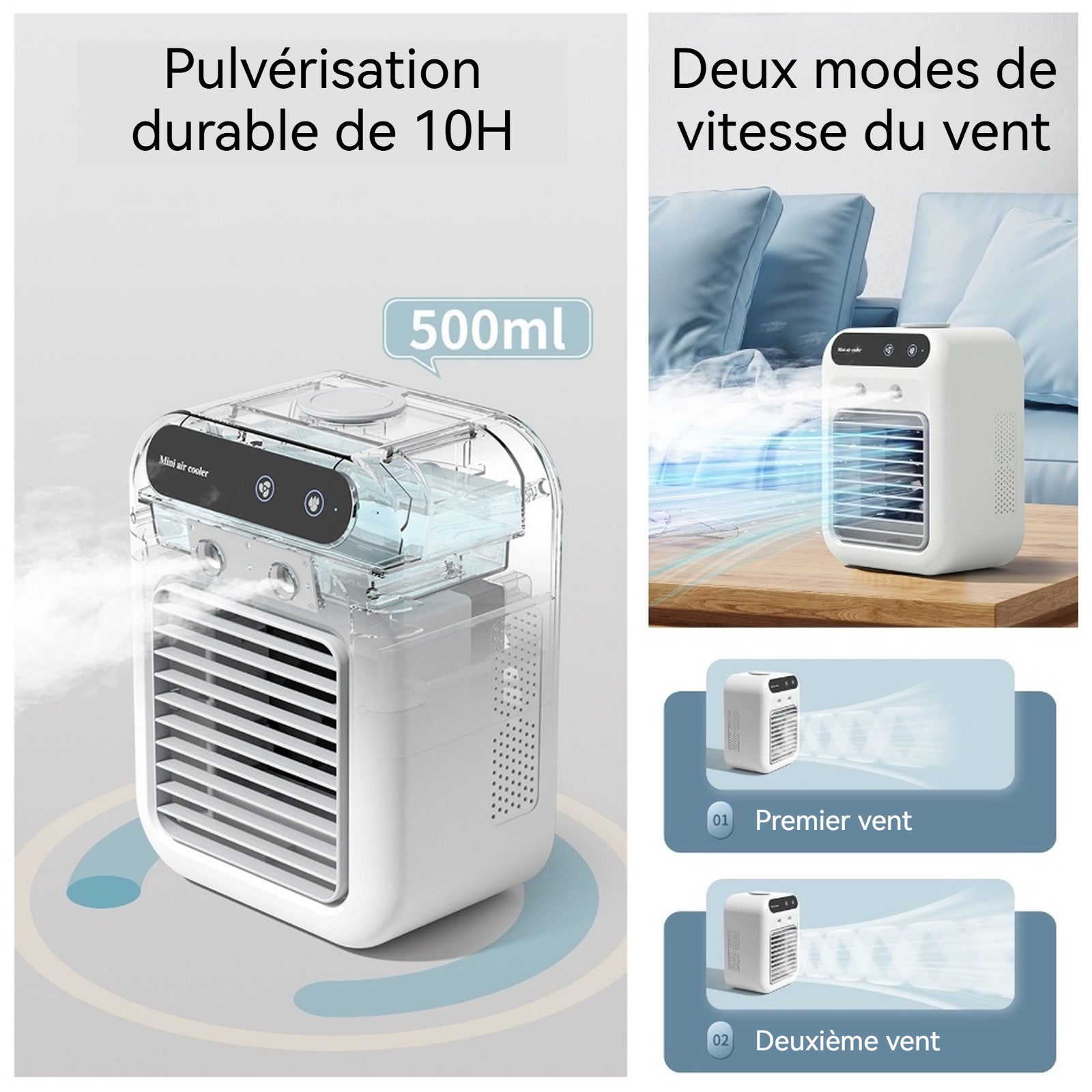 Ventilateur 2 vitesses ventilation léger et portable ventilateur humidificateur par pulvérisation 500ml avec récipient à glaçons