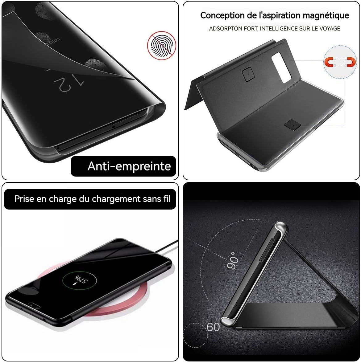 oque transparente Galaxy S10 noir Intelligent 6,1 pouces Couvercle rabattable Avec support Étui de téléphone portable ultra-mince