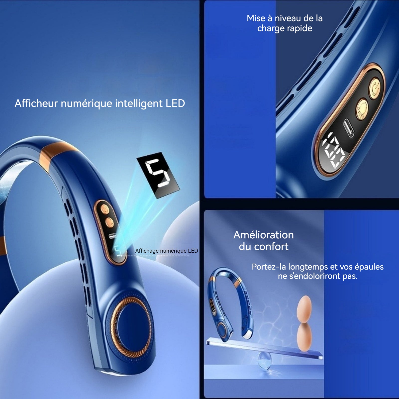 Ventilateur de cou portable multifonctionnel silencieux portatif USB mini ventilateur électrique sans pales longue durée bleu