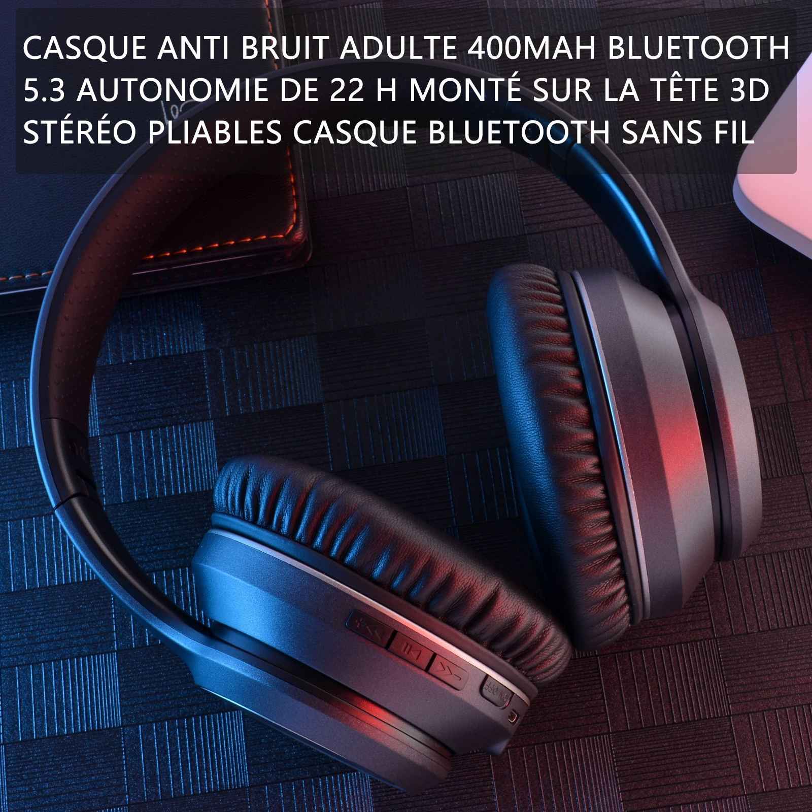 Casque anti bruit adulte 400mah bluetooth 5,3 autonomie de 22 h monté sur la tête 3D stéréo pliables casque bluetooth sans fil