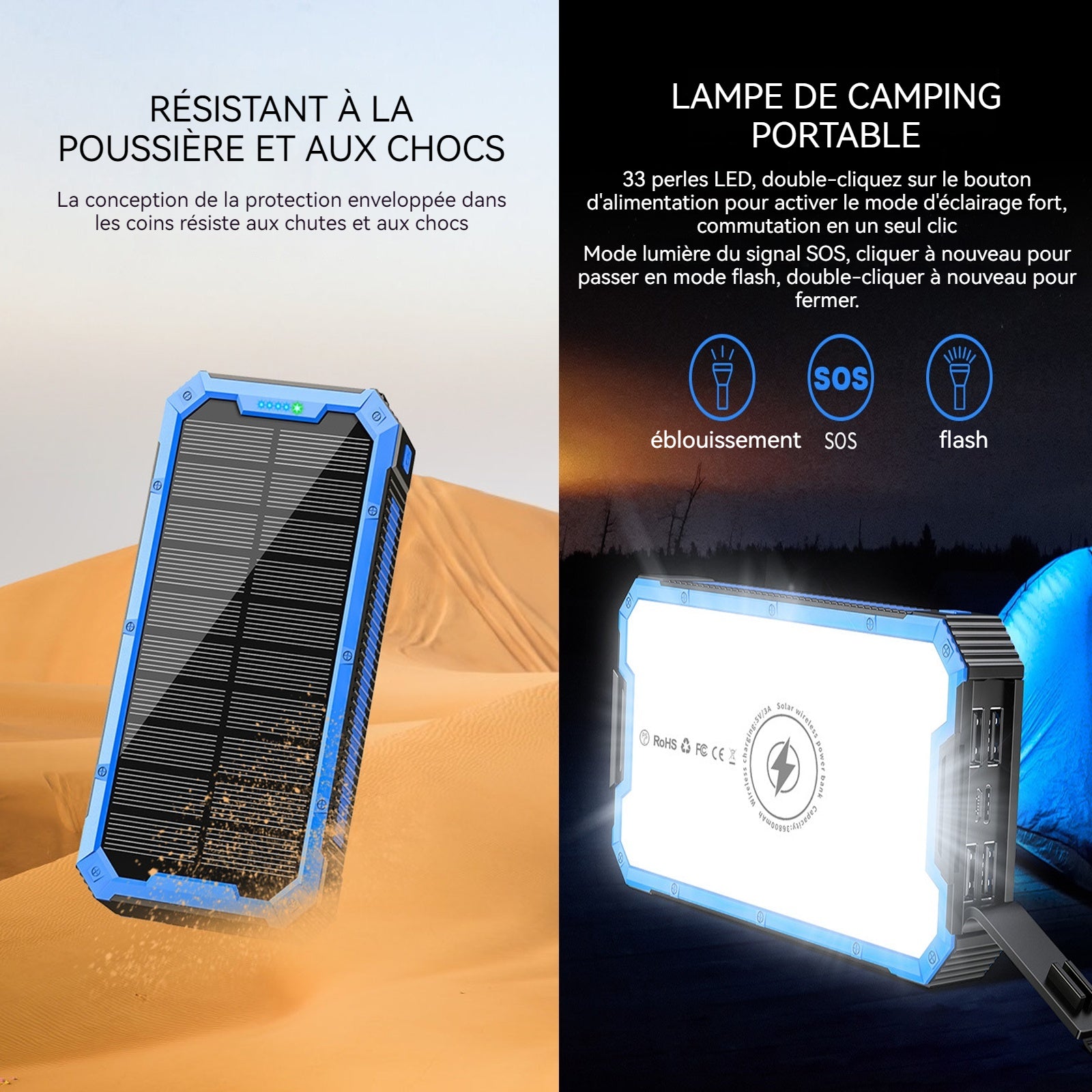 Batterie externe 368000mah 5w chargeur solaire portable chargement sans fil avec 4 usb sorties et 2 entrée avec lumière de camping