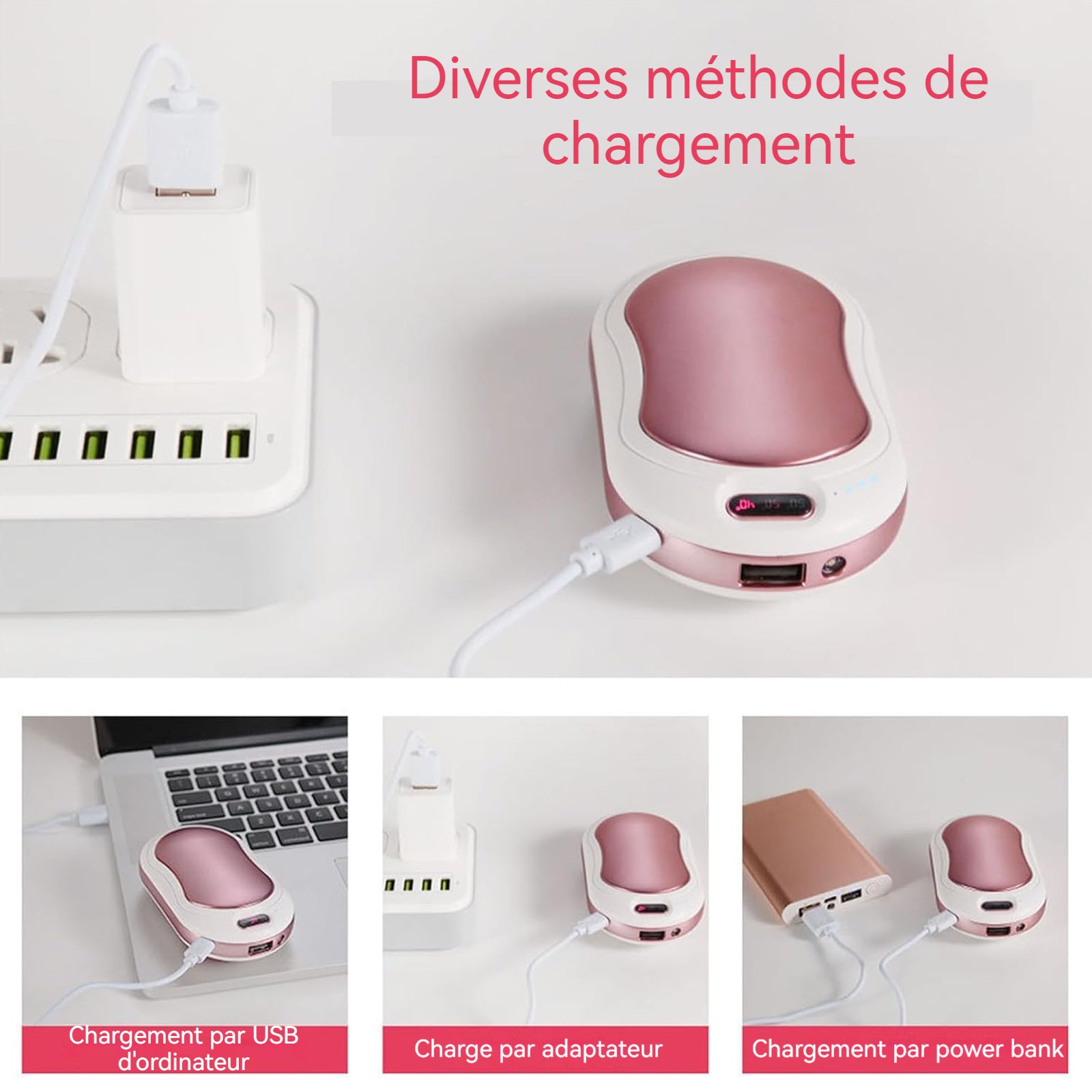 Chauffe-mains 11x6x3cm 10000mAh réglage à trois vitesses chauffage rapide en cinq secondes double usage compact et portable rose