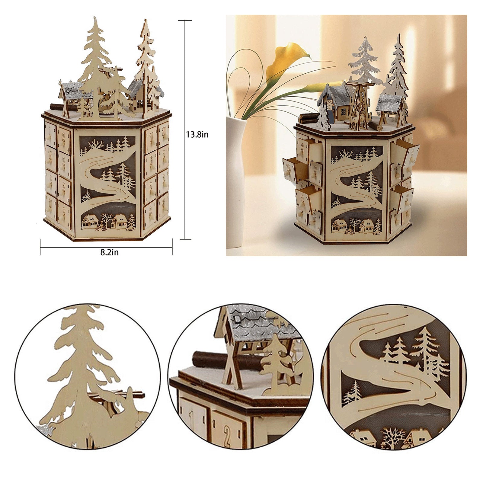 Calendrier de l'avent 24 numéros 20x18x32.5cm ensemble de scène de village de l'avent de noël en bois livré avec des effets musicaux