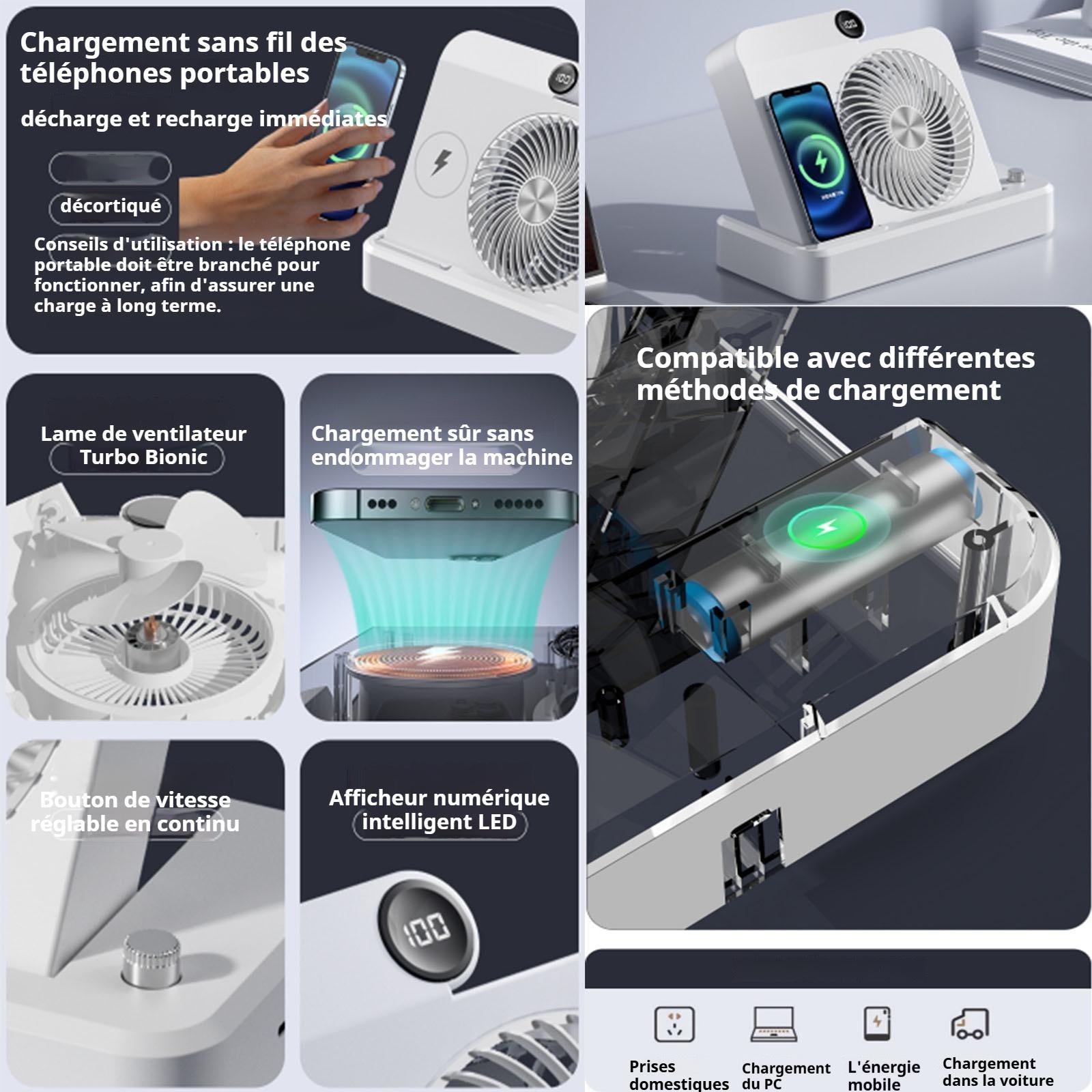 Ventilateur 2 en 1 2400mAH 188x165x45mm peut être utilisé pour chargement sans fil des téléphones portables affichage numérique