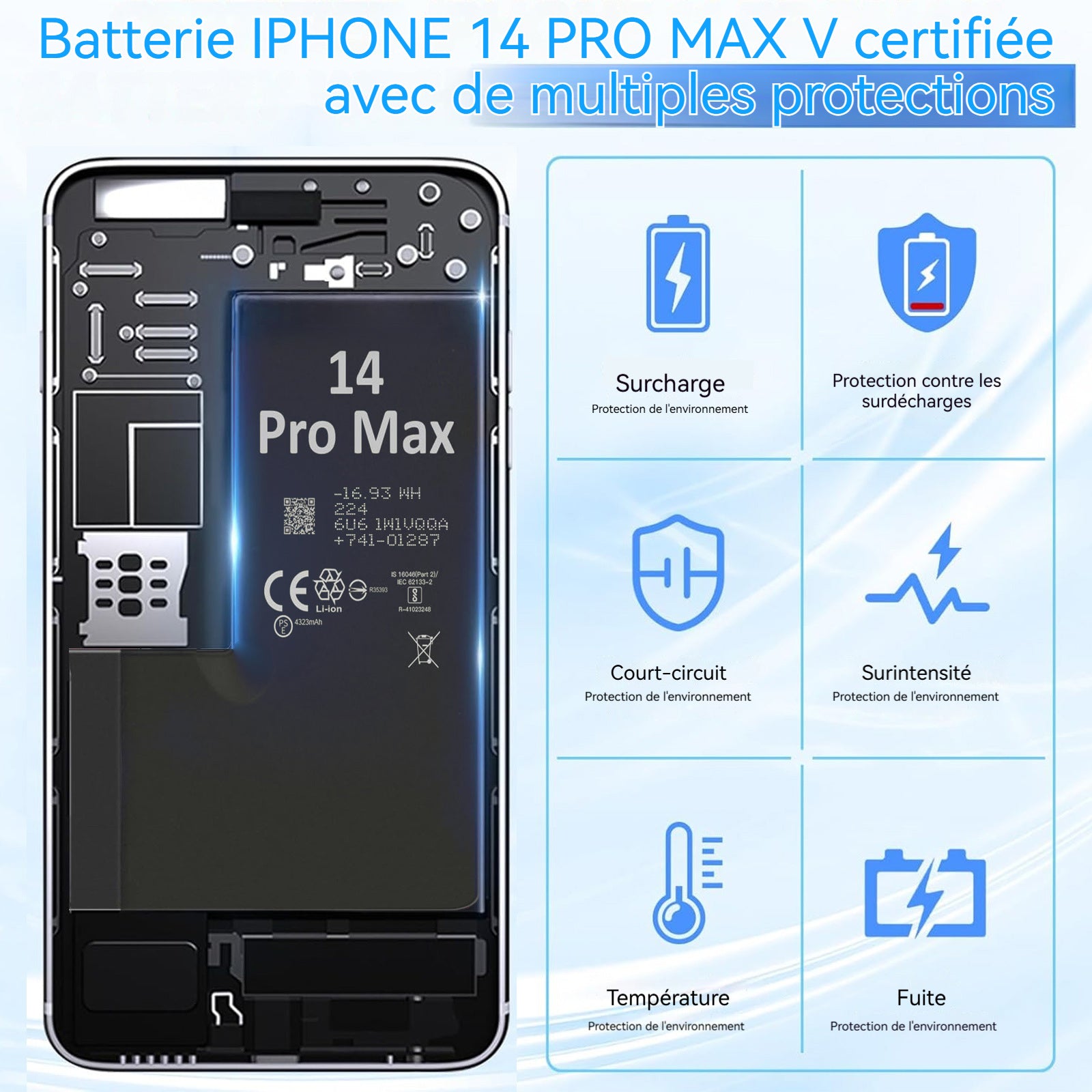 Batterie de Remplacement pour iPhone 14 Pro Max 4323 mAh Identique à l'Original Kit Outils Professionnels et adhésif écran Inclus