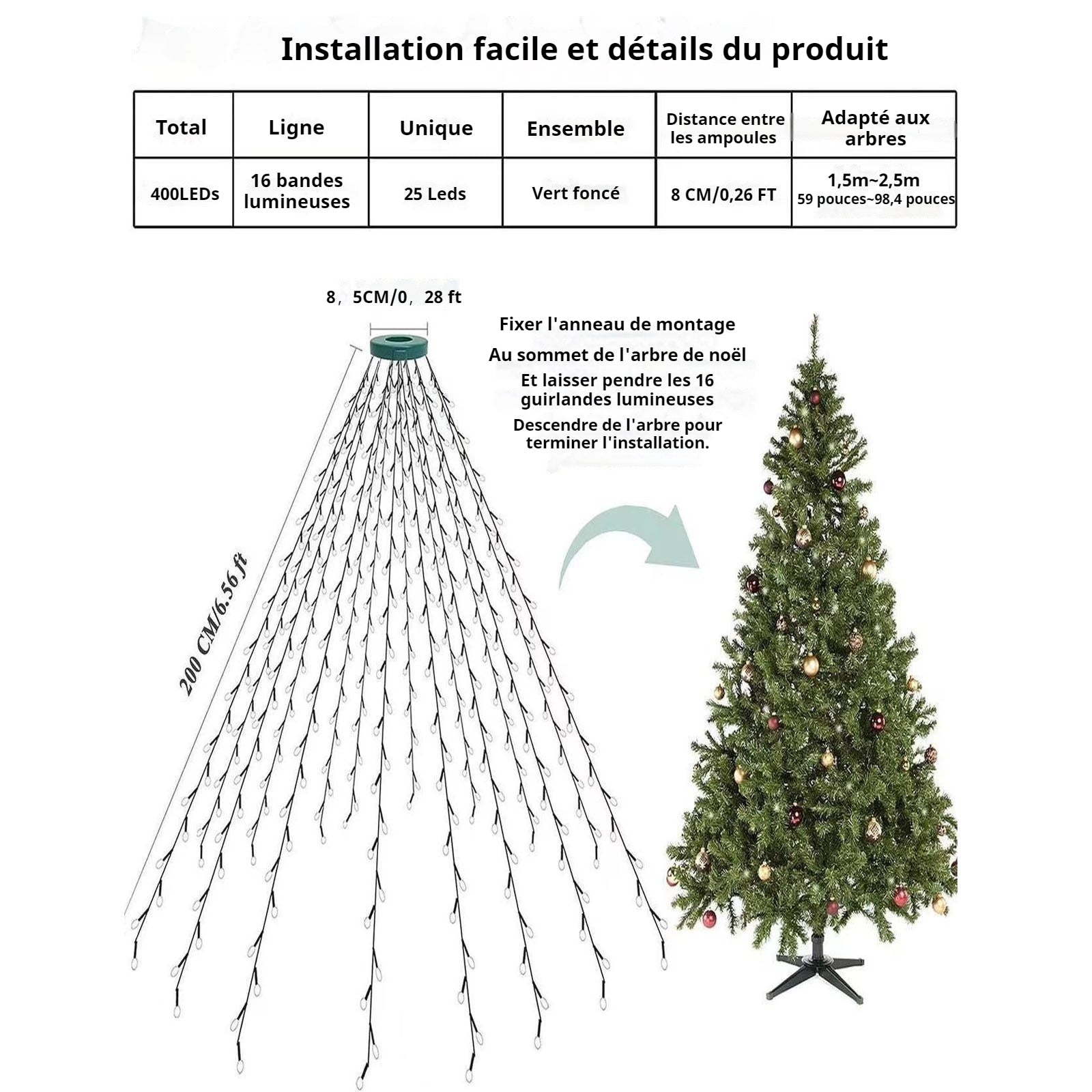Lumières LED pour arbres de Noël blanc chaud 2m 8 modes d'éclairage pour les guirlandes lumineuses décoration de l'arbre de Noël