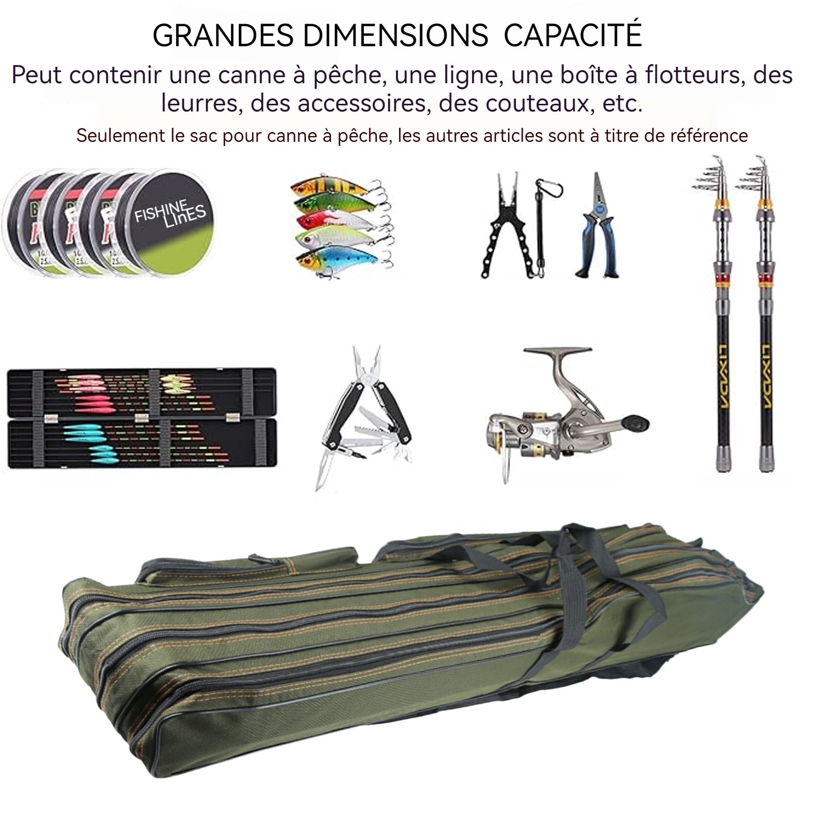 Sac de pêche 150cm avec trois couches de poches sac de pêche souple pliable portable grand sac ventral sac de matériel de pêche