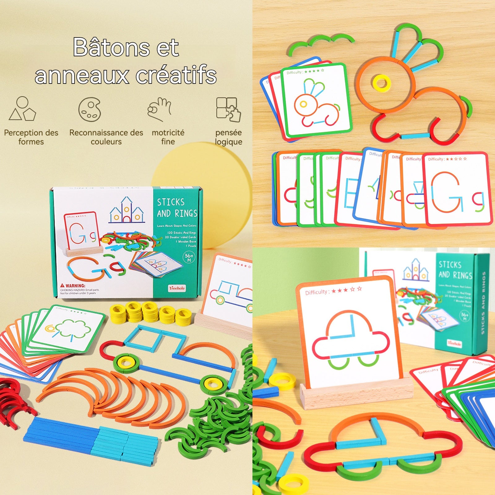 Jouet montessori 23x16,8cm jouet puzzle créatif composé de bâtons et d'anneaux jouets pour enfants favorisant développement cognitif