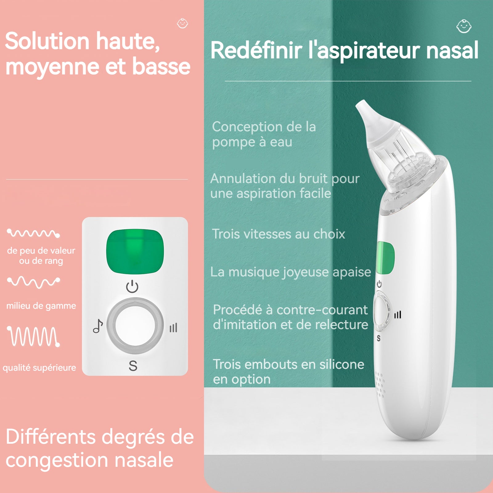 Aspirateur nasal 60kp Conception de la pompe à eau Régulation de la musique 3 vitesses Conception de l'éclairage Nettoyeur nasal