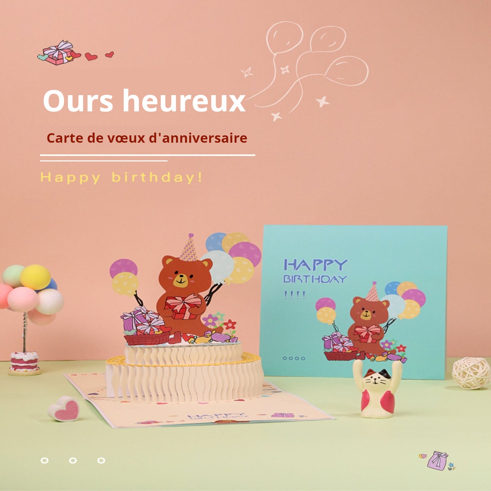 arte de voeux 15x15cm cartoon bear birthday cake three-dimensional paper sculpture gift blessing message postcard carte postale