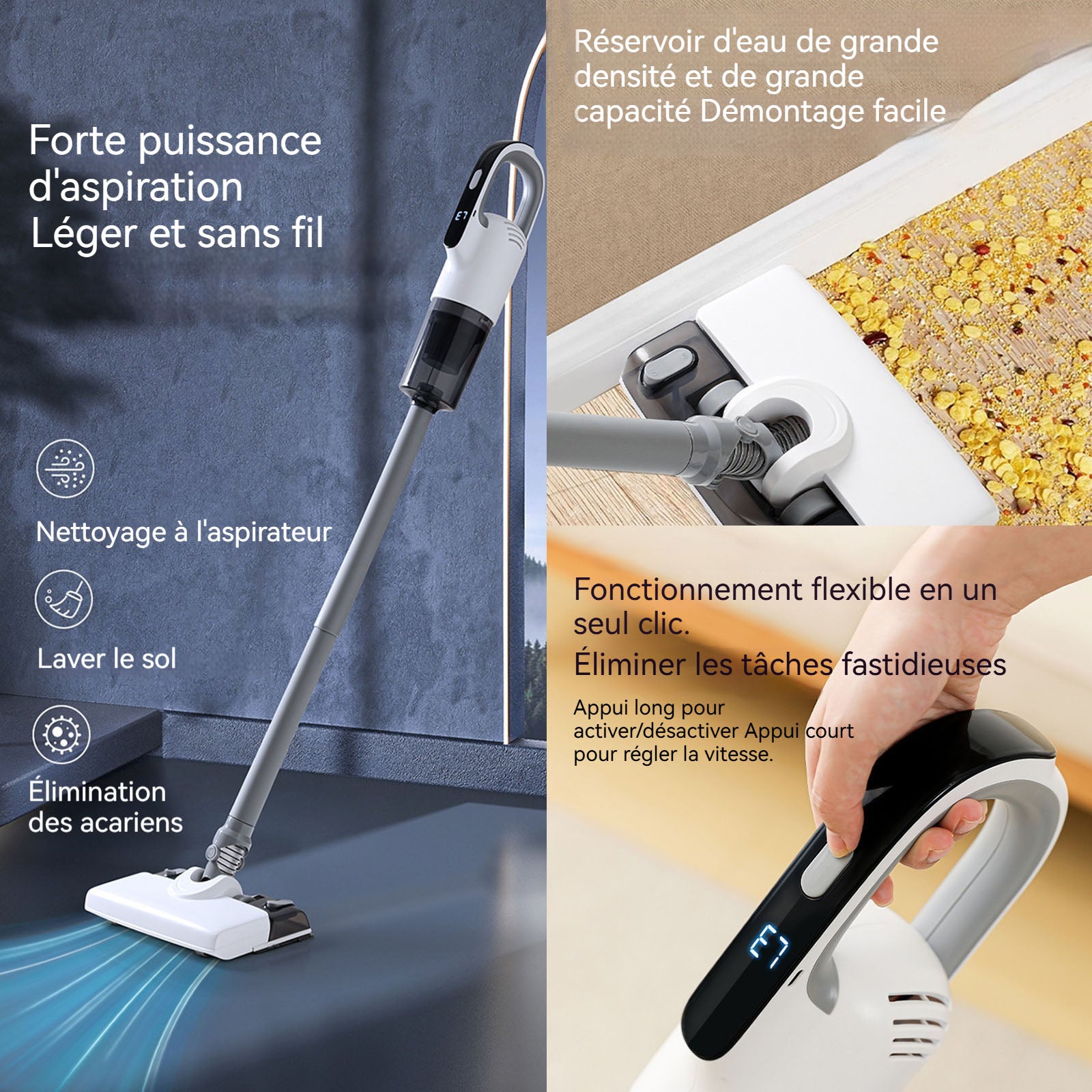 Aspirateur balai sans fil 120w 19kpa 600ml 3ème vitesse longue durée de vie de la batterie convient aux tapis et aux sols durs